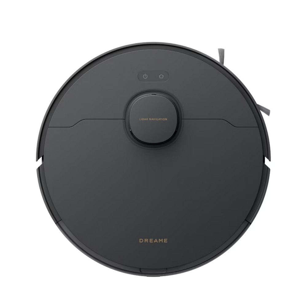 Una aspiradora robot gris oscuro con forma redonda. Cuenta con botones, un centro central con la leyenda 'LIDAR NAVIGATION' y el logotipo de 'DREAME'.