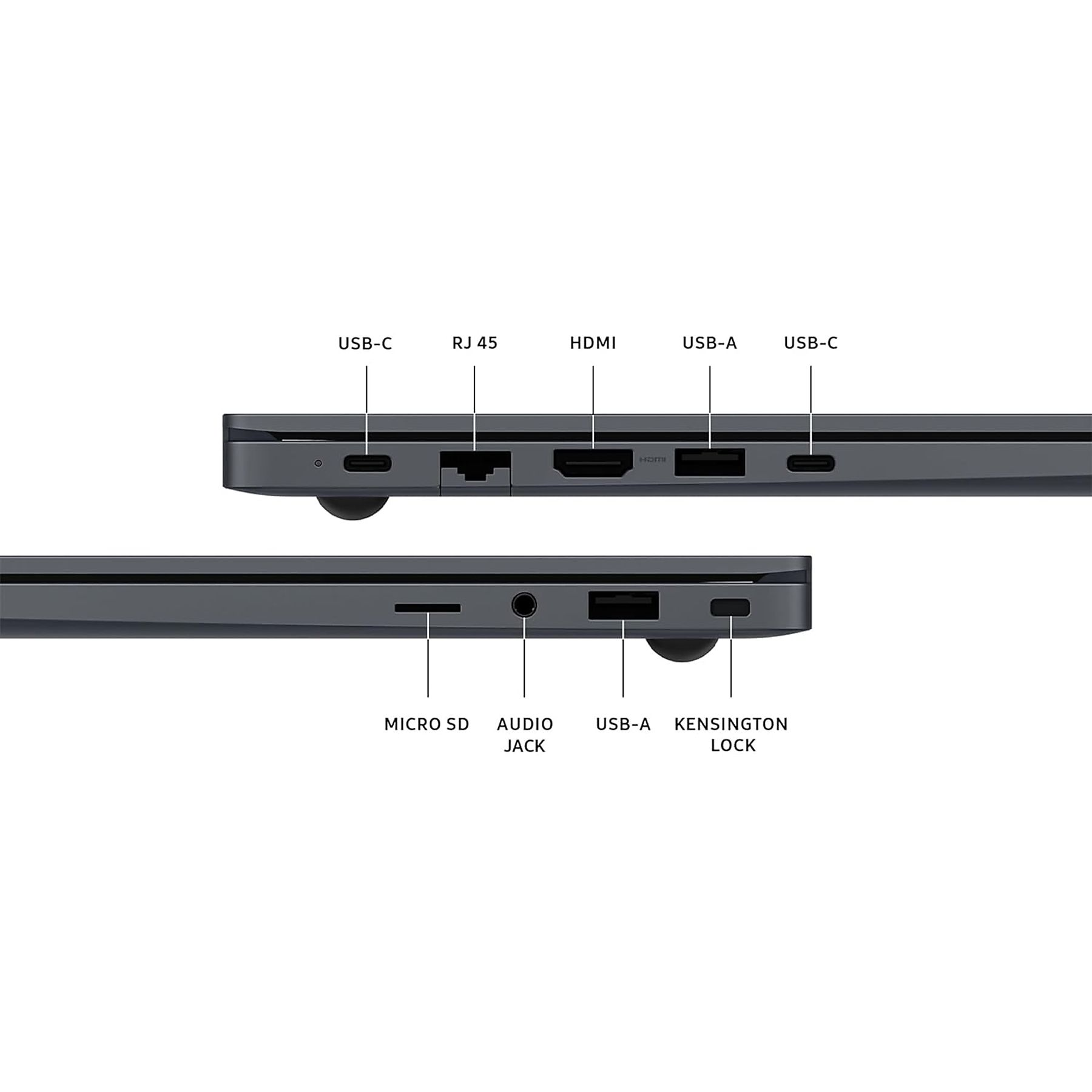 Porte del laptop: USB-C, RJ45, HDMI, USB-A, Micro SD, jack audio, blocco Kensington. Bordo laptop grigio scuro.