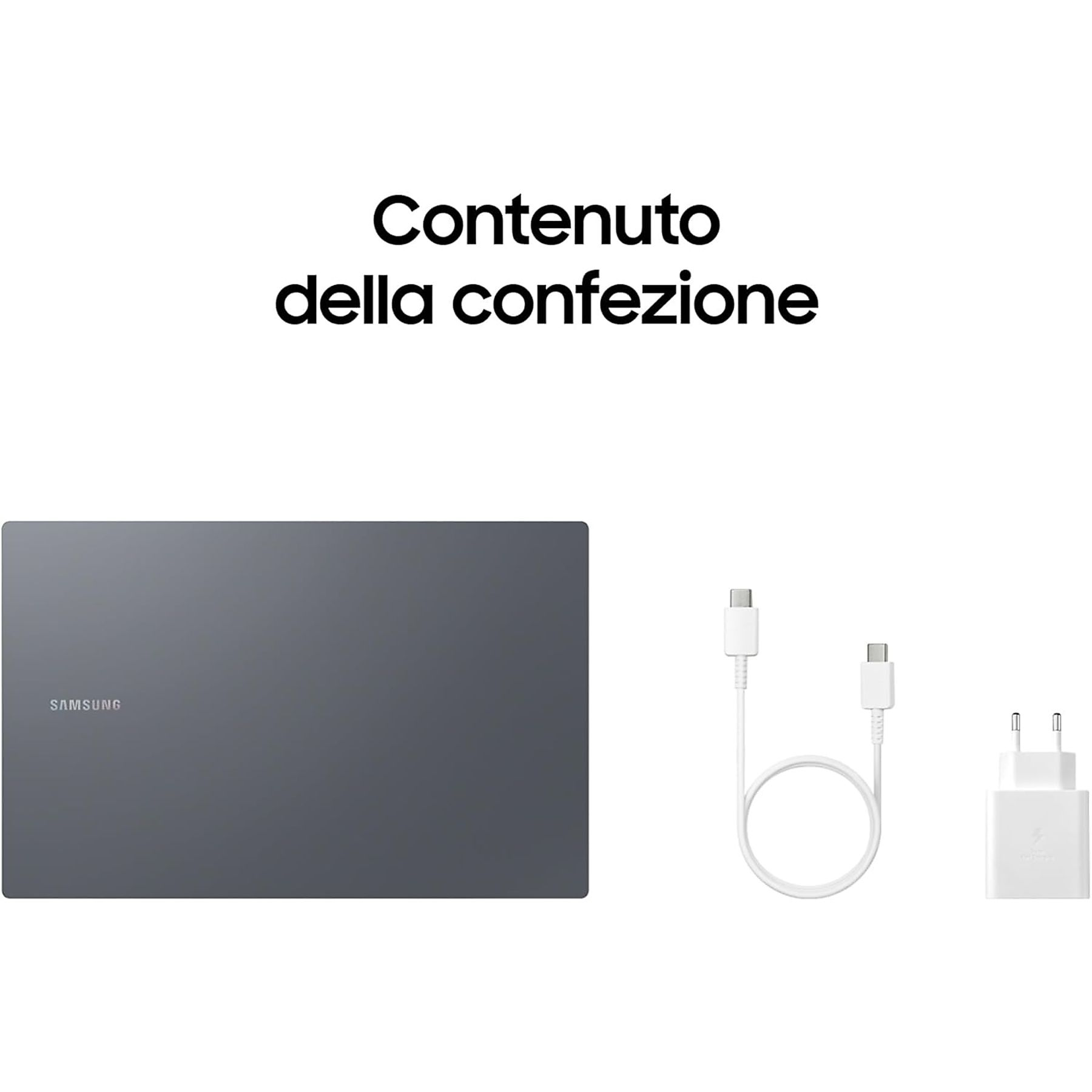 Un tablet grigio, cavo e adattatore di ricarica bianchi. Testo: Contenuto della confezione.