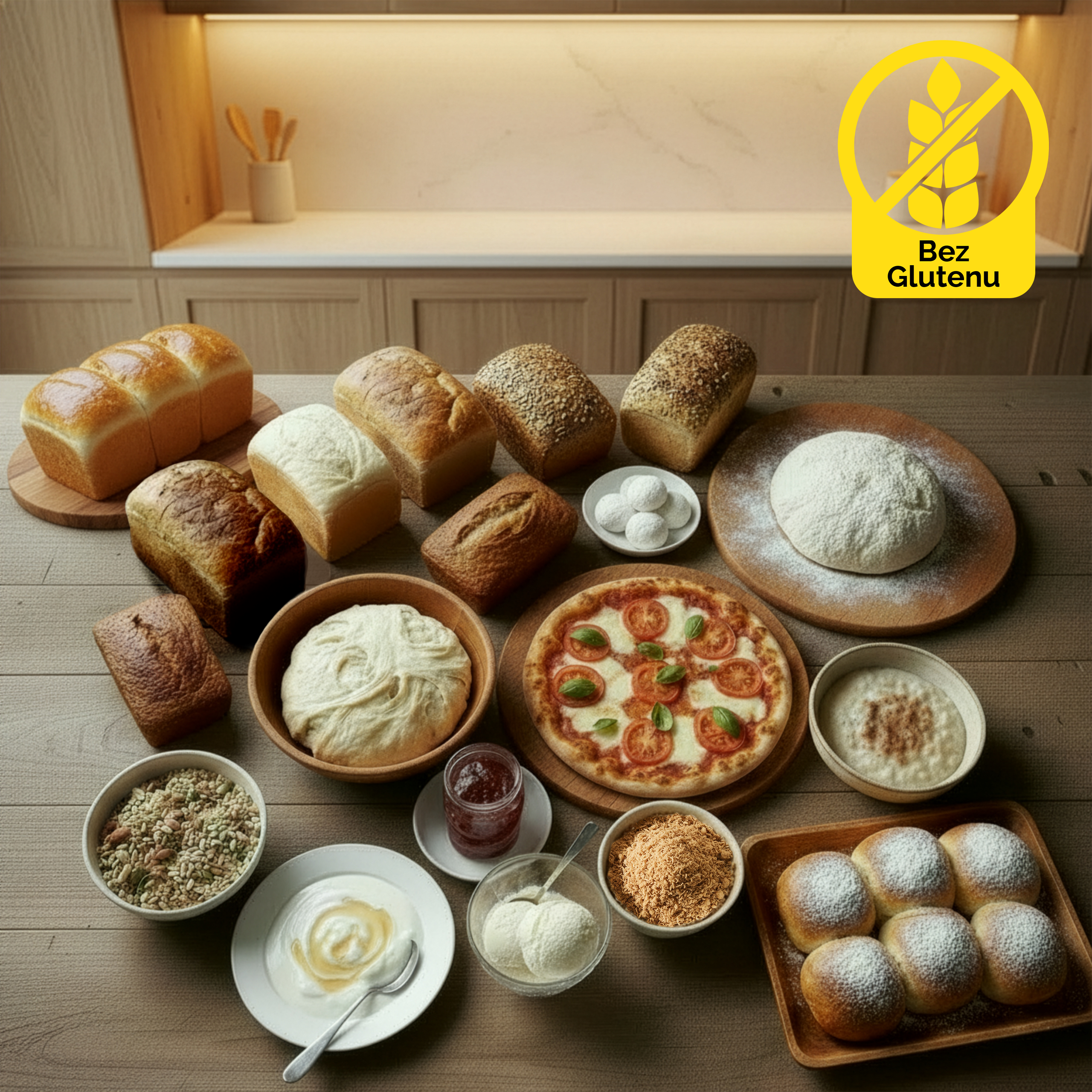 Stół z różnymi produktami bezglutenowymi: chleb, pizza, jogurt i inne produkty.
