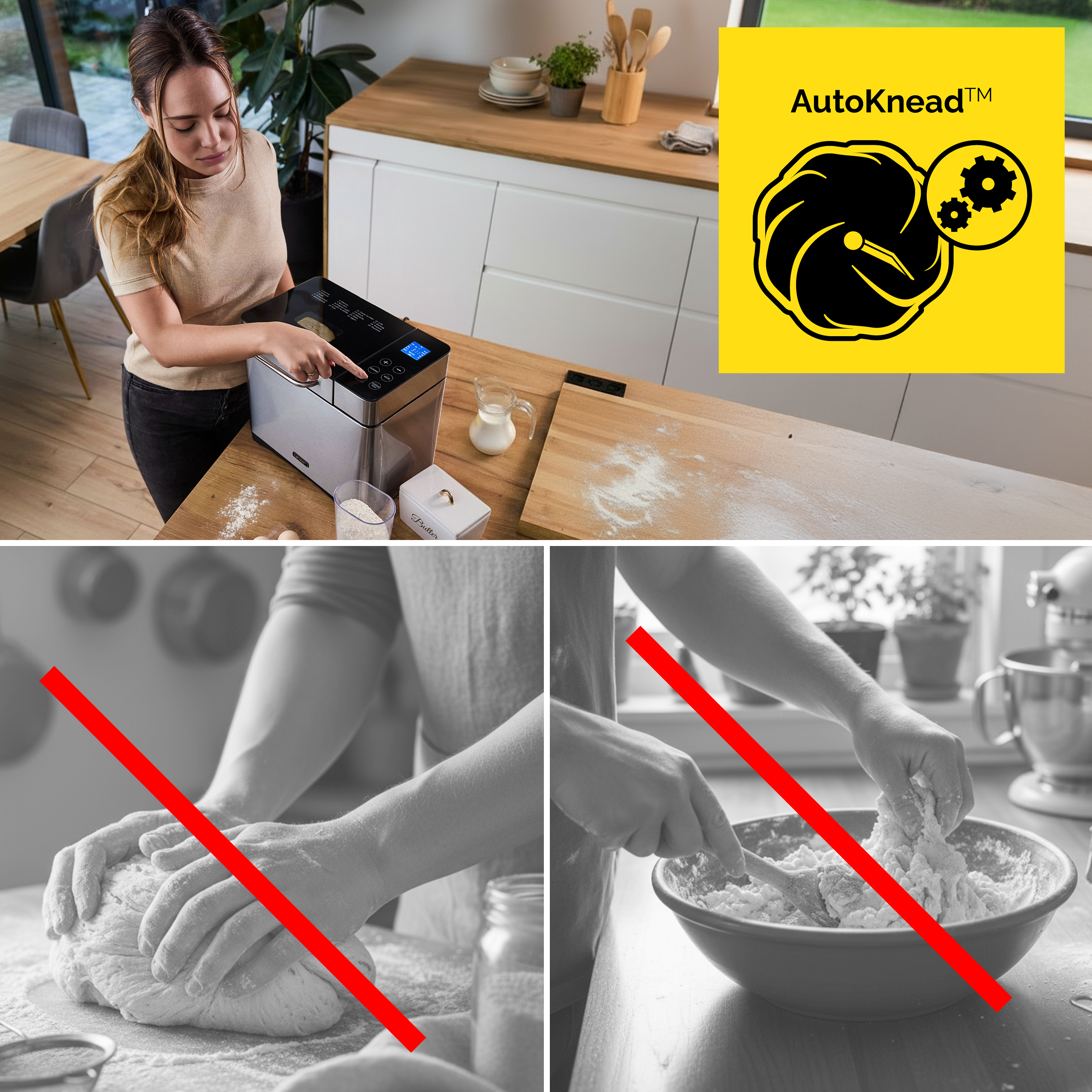 Kobieta używa maszyny do chleba. Mąka i składniki na blacie. Czarno-białe obrazy ugniatania ciasta.