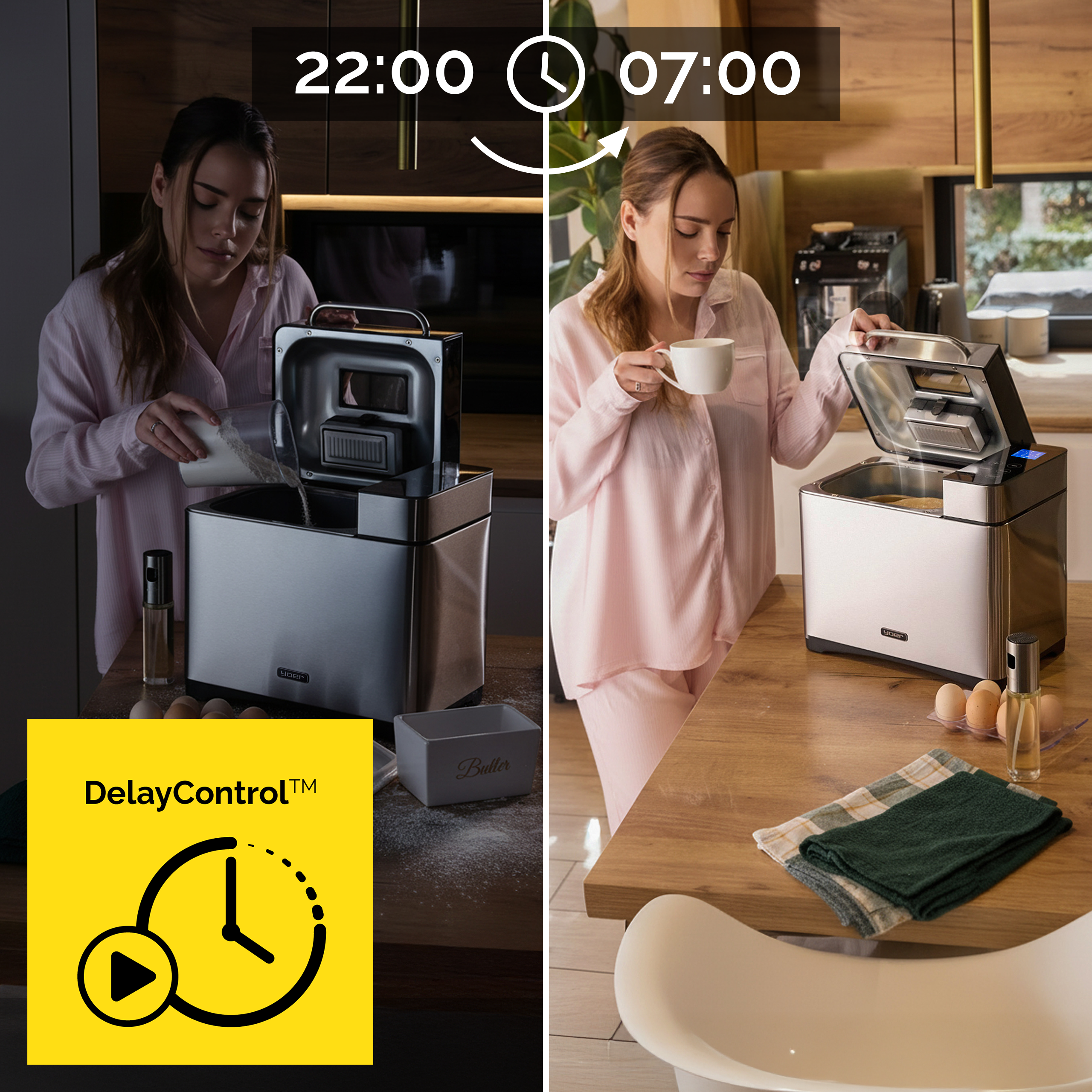 Kobieta w różowej piżamie używa maszyny do chleba. Pokazuje 22:00 i 07:00. Zawiera masło, jajka, olej i ikonę DelayControl.