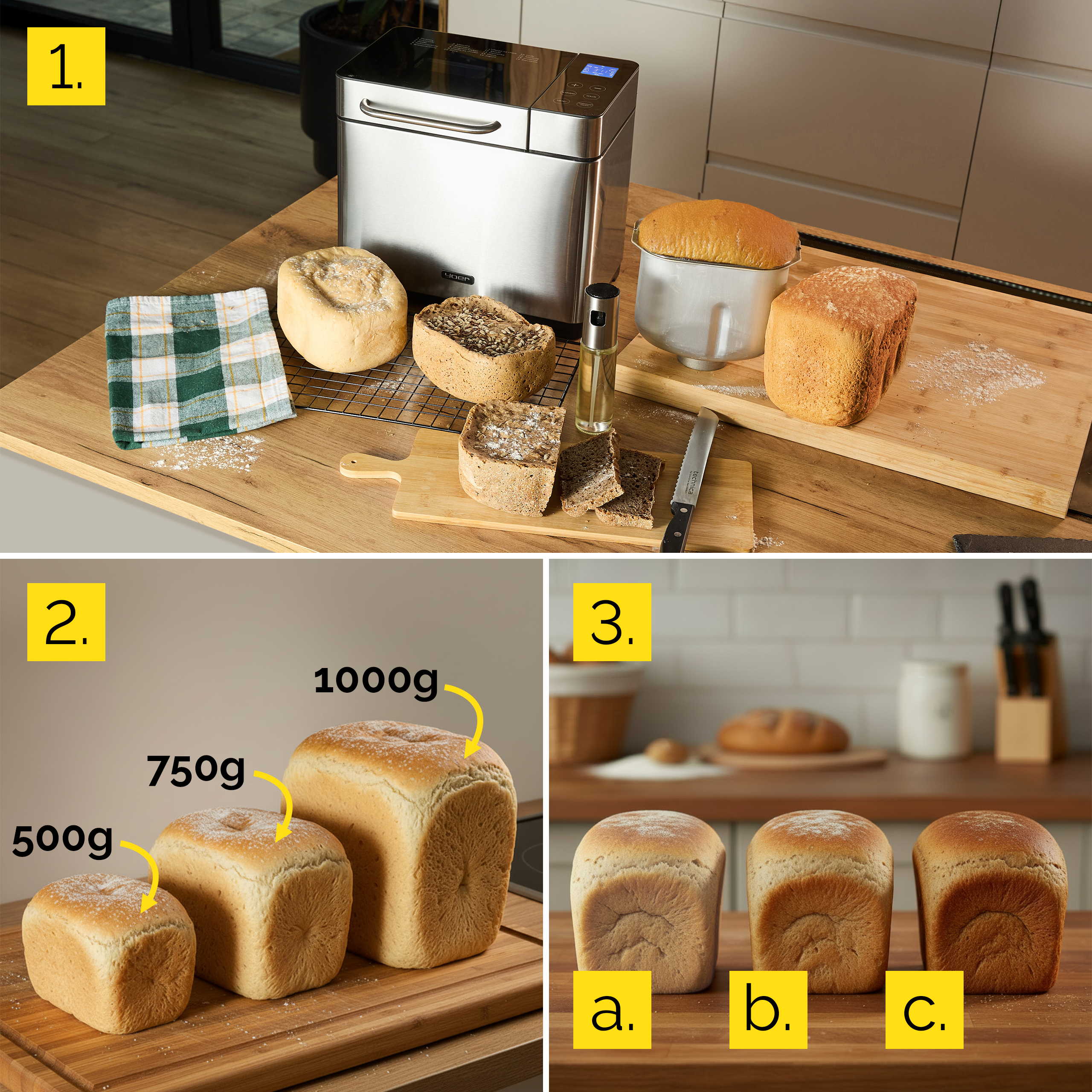 Obraz przedstawia różne rodzaje chleba, rozmiary i maszynę do pieczenia chleba. Niektóre są pokrojone, inne całe.