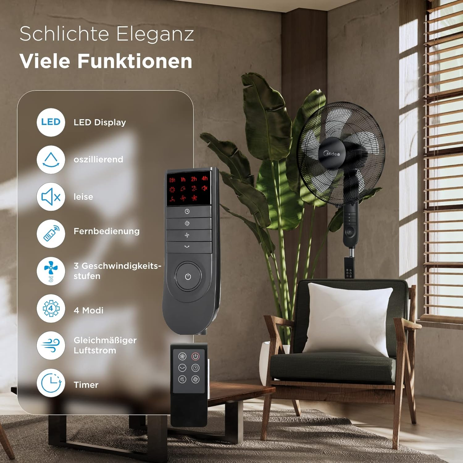 Czarny wentylator Midea z pilotem, obok krzesła i rośliny. Cechy: wyświetlacz LED, oscylacja, tryb cichy, timer i wiele prędkości.