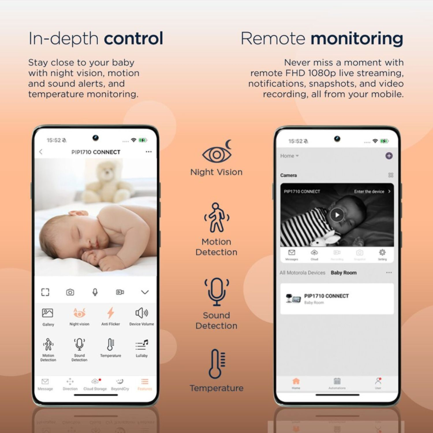 Zwei Telefone zeigen die Babyüberwachungs-App. Funktionen: Nachtsicht, Geräuscherkennung, Temperaturüberwachung.