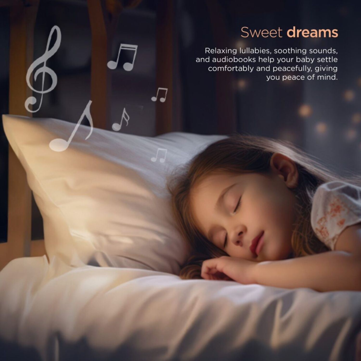 Ein schlafendes Kind auf einem Bett. Noten schweben darüber. Der Text lautet 'Sweet dreams' und wirbt für Schlaflieder und Hörbücher.