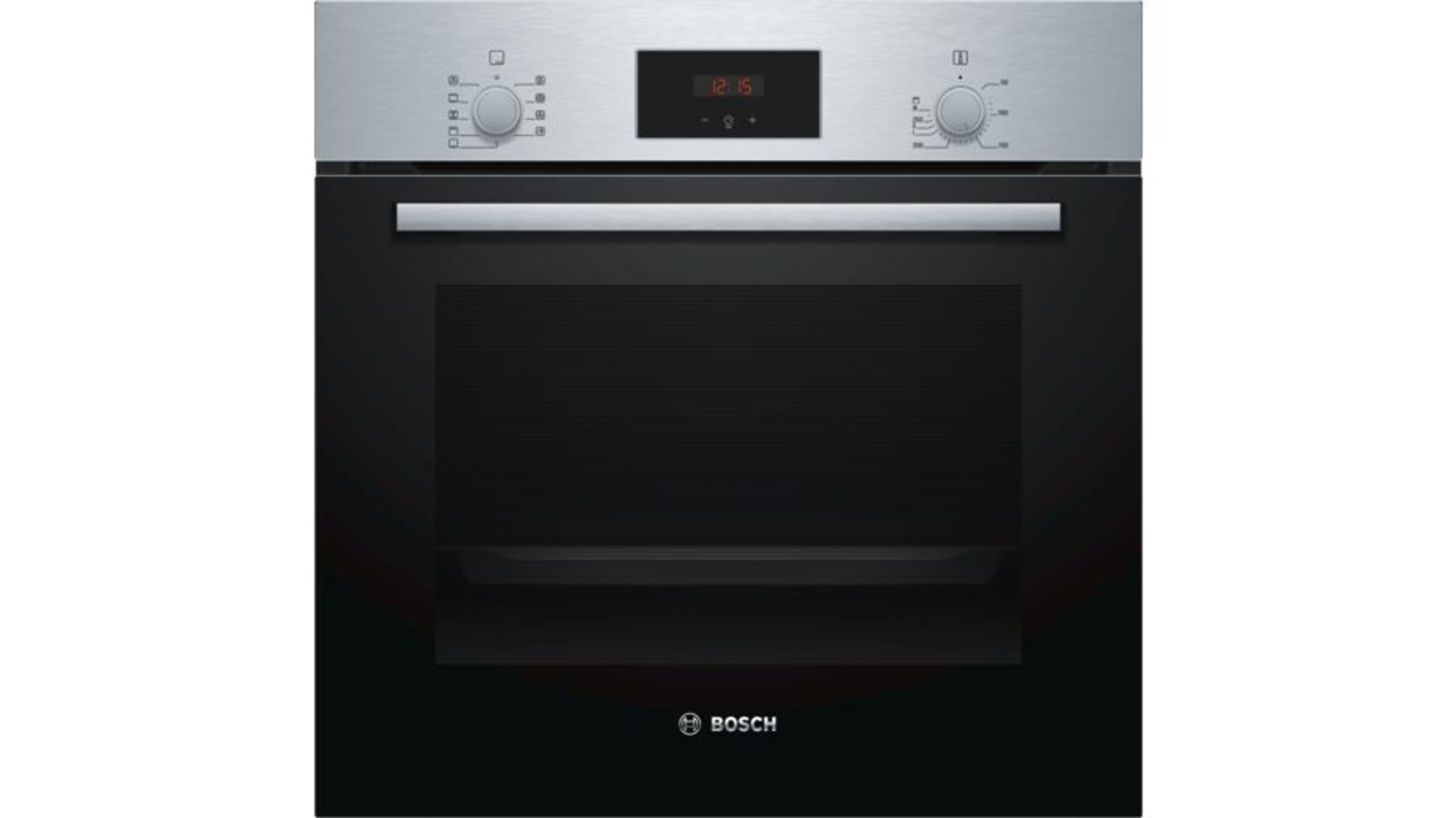Piekarnik Bosch ze stali nierdzewnej z czarnymi drzwiami. Ma cyfrowy wyświetlacz z godziną 12:15 i pokrętła.