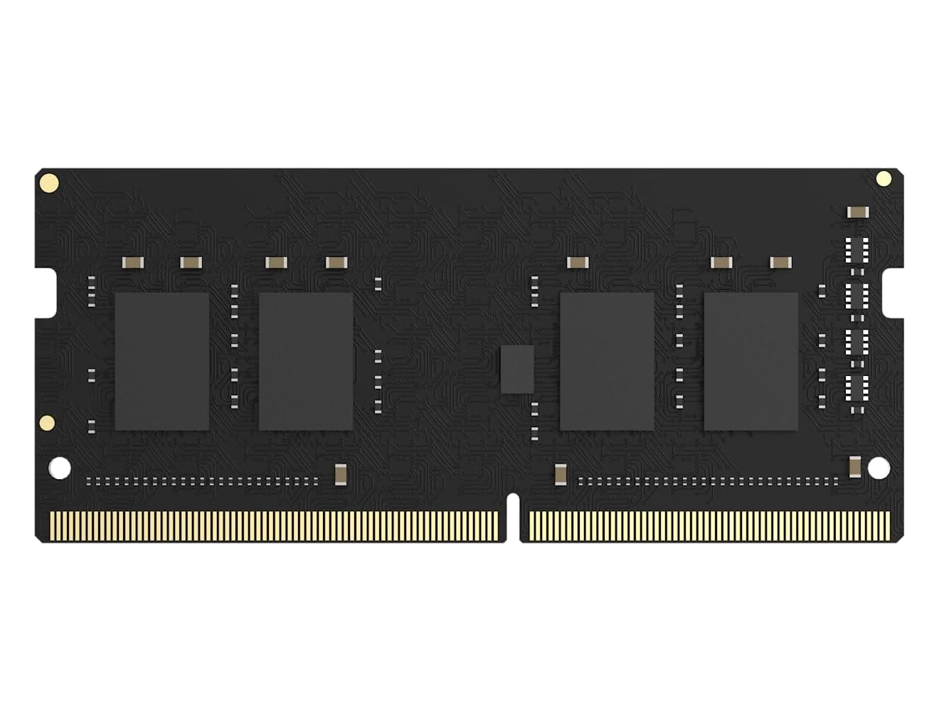 Ein schwarzes RAM-Modul mit goldenen Pins. Es hat vier dunkle rechteckige Chips und komplizierte Schaltmuster.