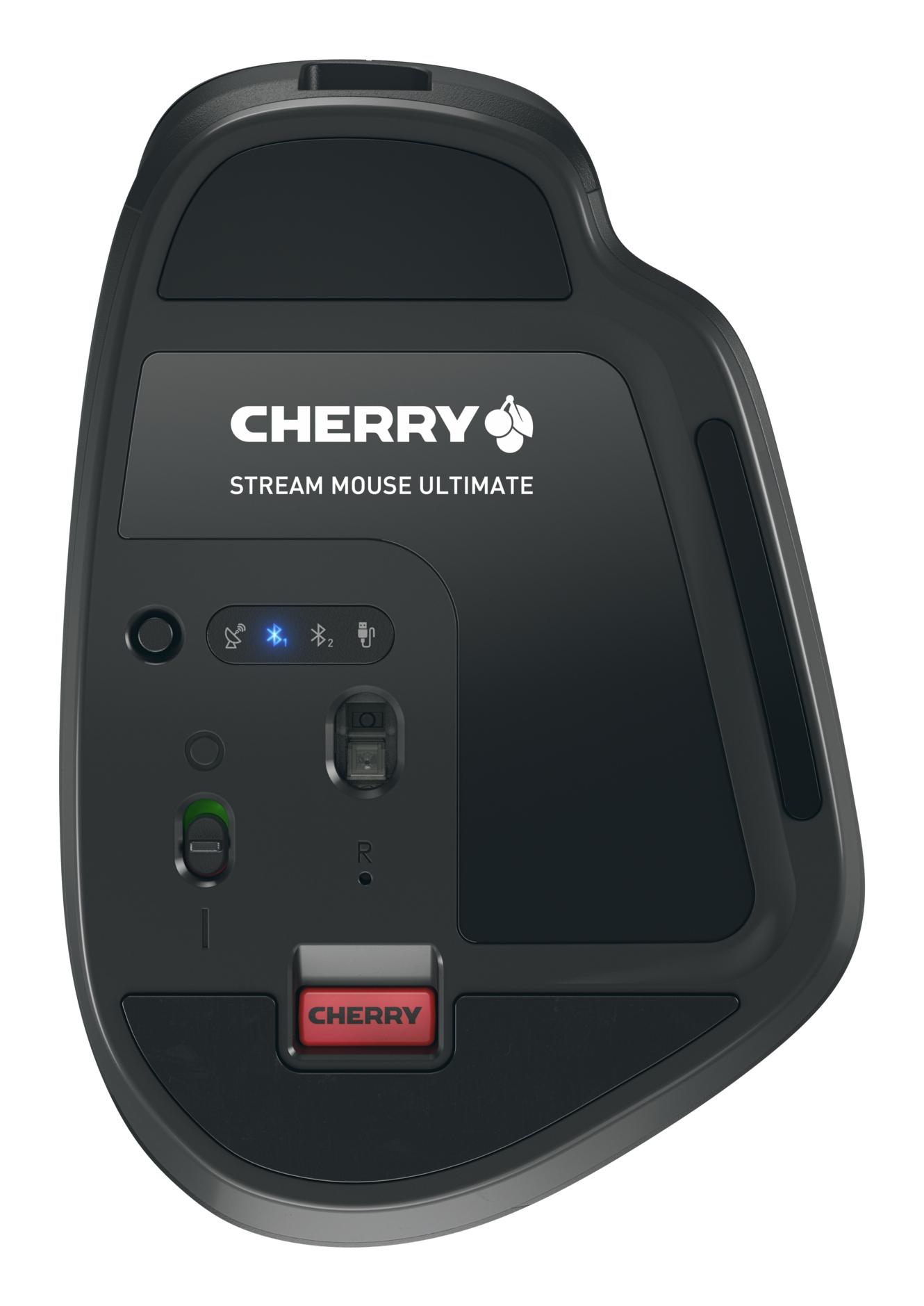 Vista inferiore di un Cherry Stream Mouse Ultimate nero. Ha un pulsante Cherry rosso e il logo Cherry bianco. Sono visibili anche gli indicatori.