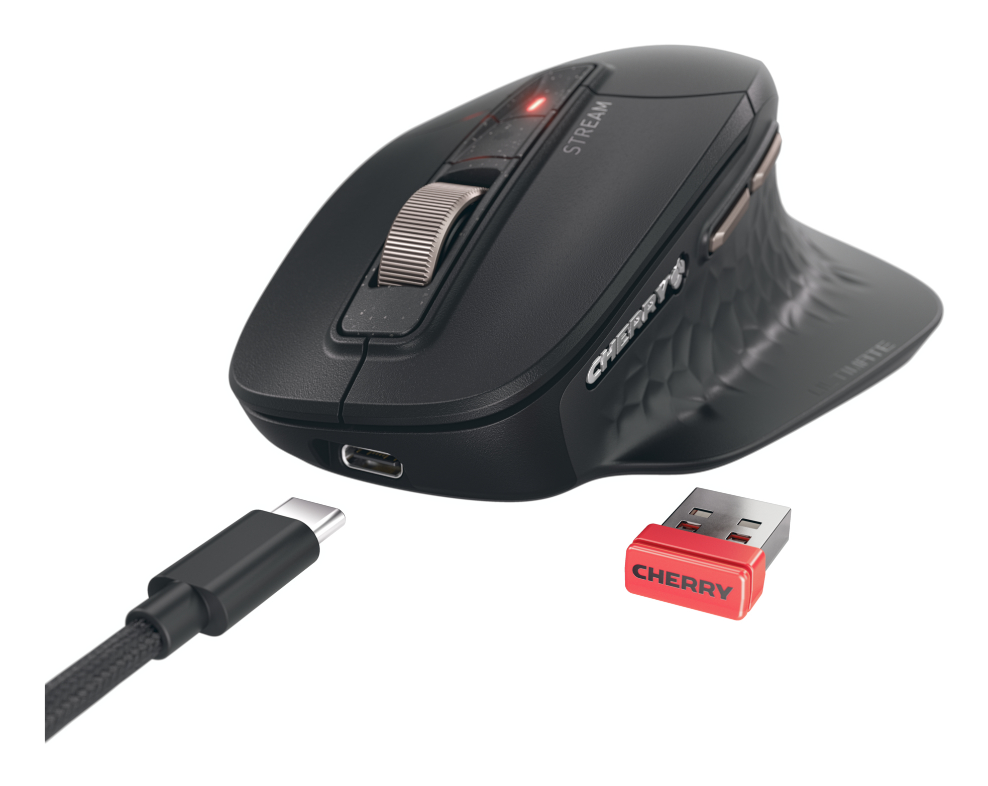 Mouse ergonomico nero con rotella, cavo USB-C e ricevitore USB rosso. Sfondo bianco.