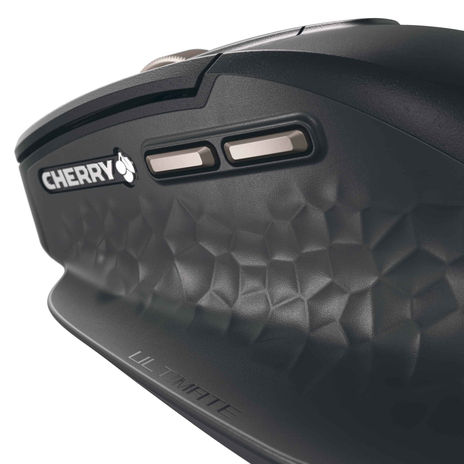 Primo piano di un mouse nero con il marchio 'CHERRY'. Il mouse ha due pulsanti laterali e una superficie strutturata.