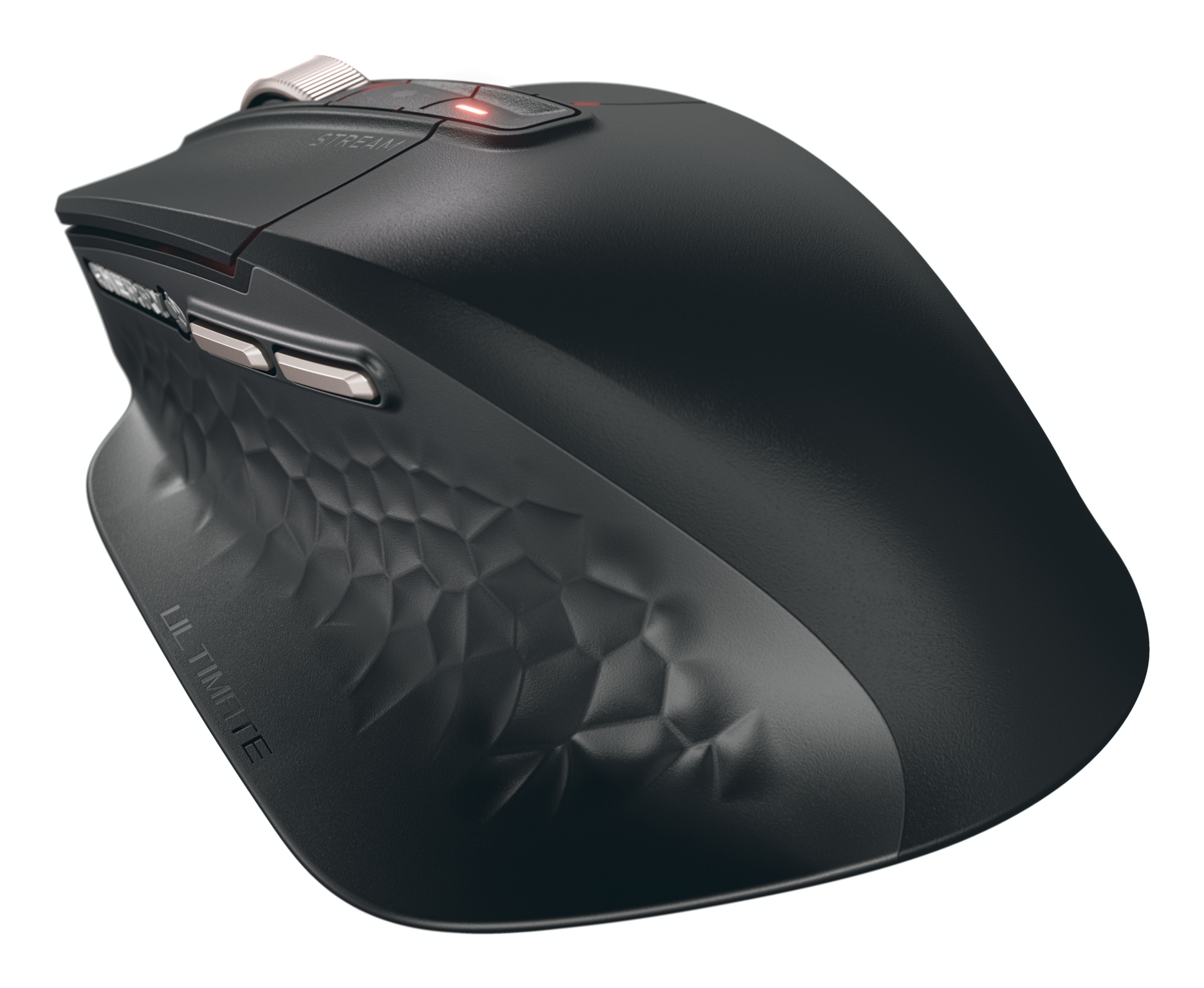 Un mouse per computer wireless nero. Ha diversi pulsanti e una rotella di scorrimento. Il mouse è su sfondo bianco.