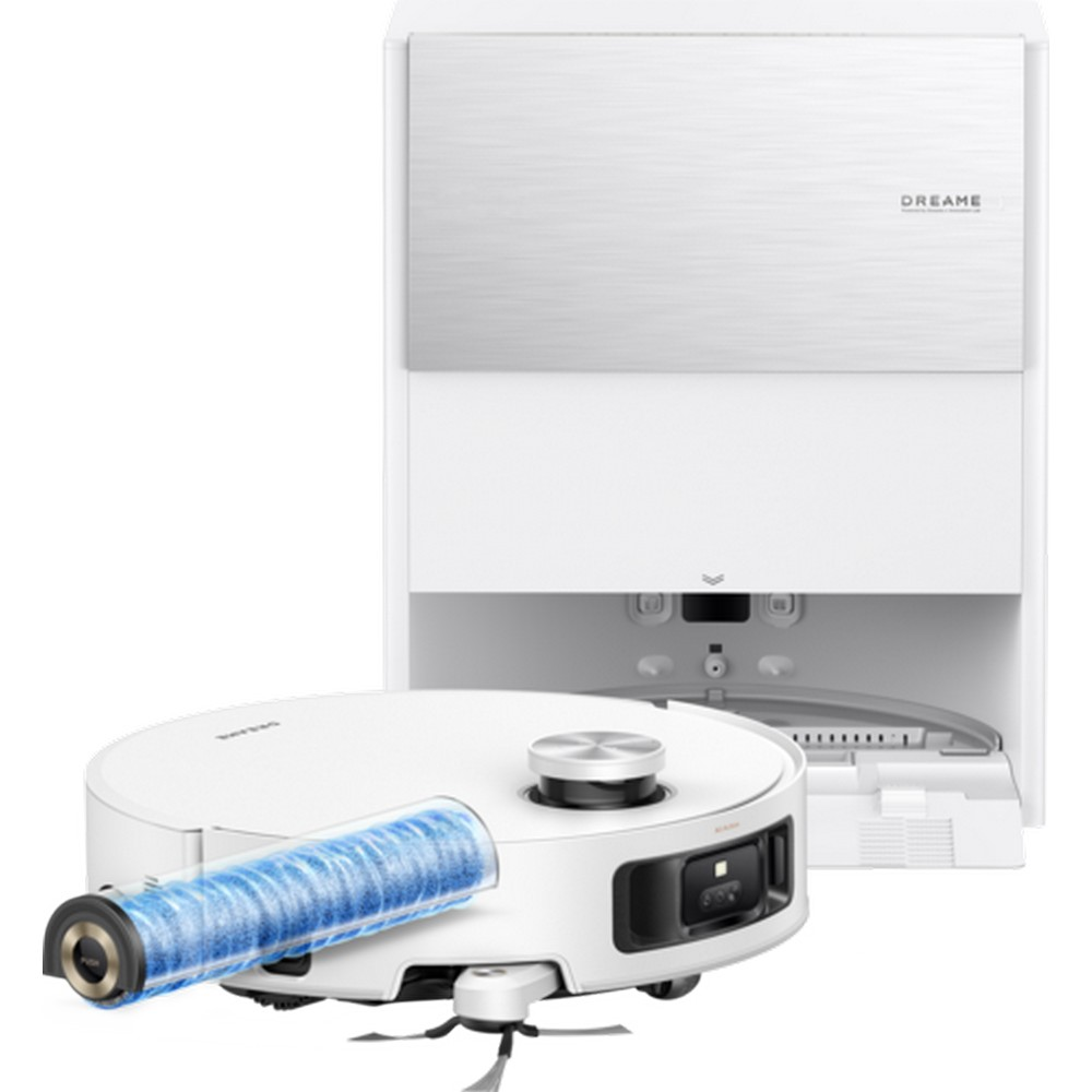 Biały odkurzacz robot Dreame z niebieską szczotką, obok stacji ładującej, która również jest biała.