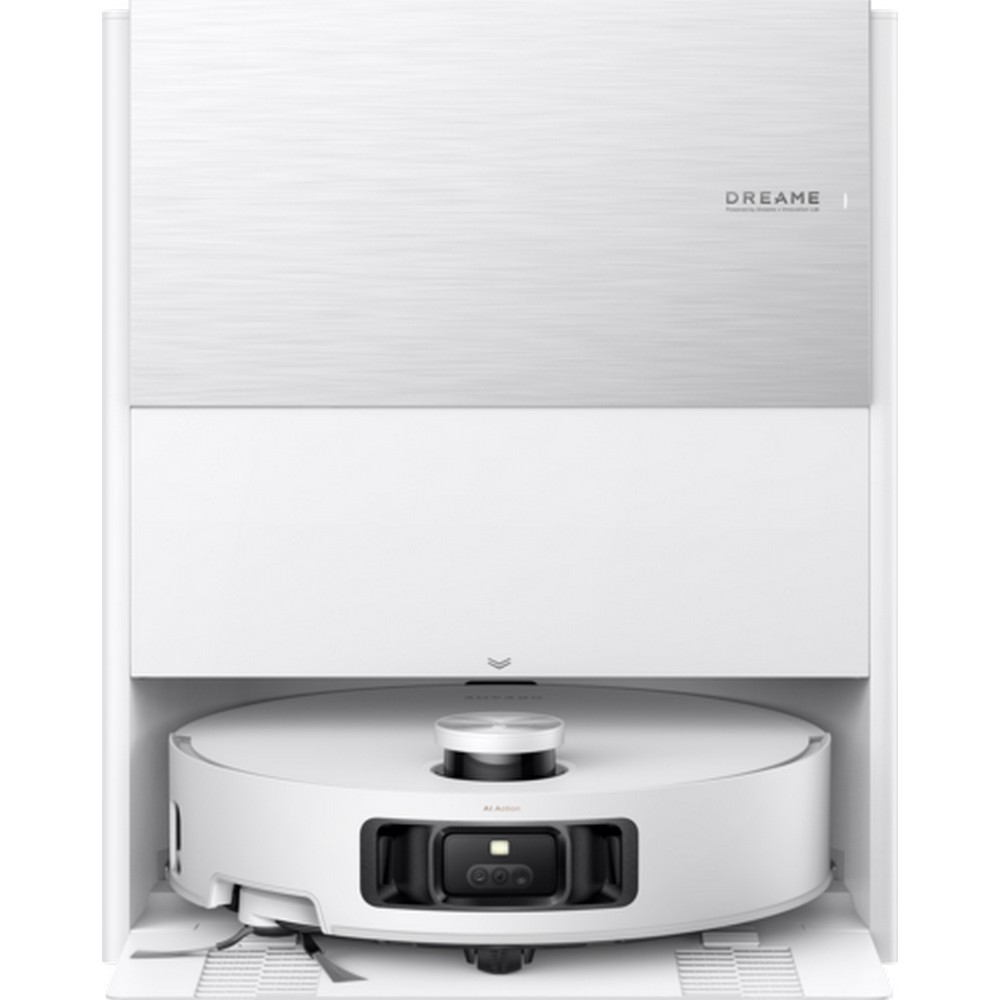 Biały odkurzacz robot Dreame wewnątrz stacji ładująco-czyszczącej. Stacja jest również biała.