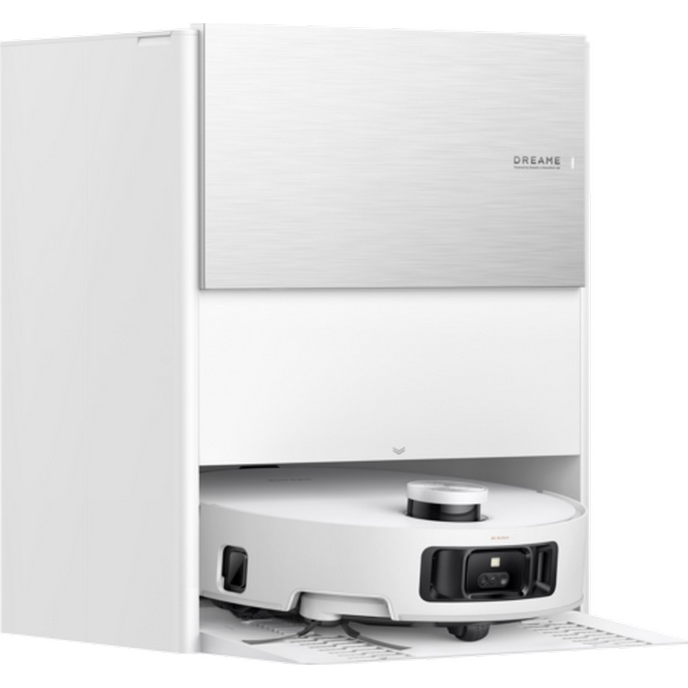 Biały odkurzacz automatyczny w stacji ładującej. Stacja również biała, z widoczną marką 'DREAME'.