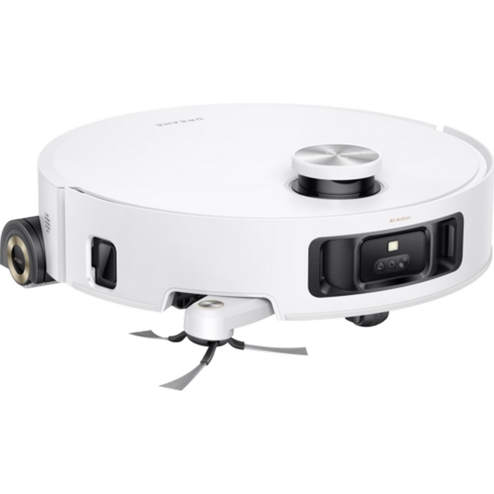 Biało-czarny odkurzacz automatyczny. Ma okrągły kształt, centralny czujnik i szczotki boczne. Widoczne jest słowo 'DREAME'.