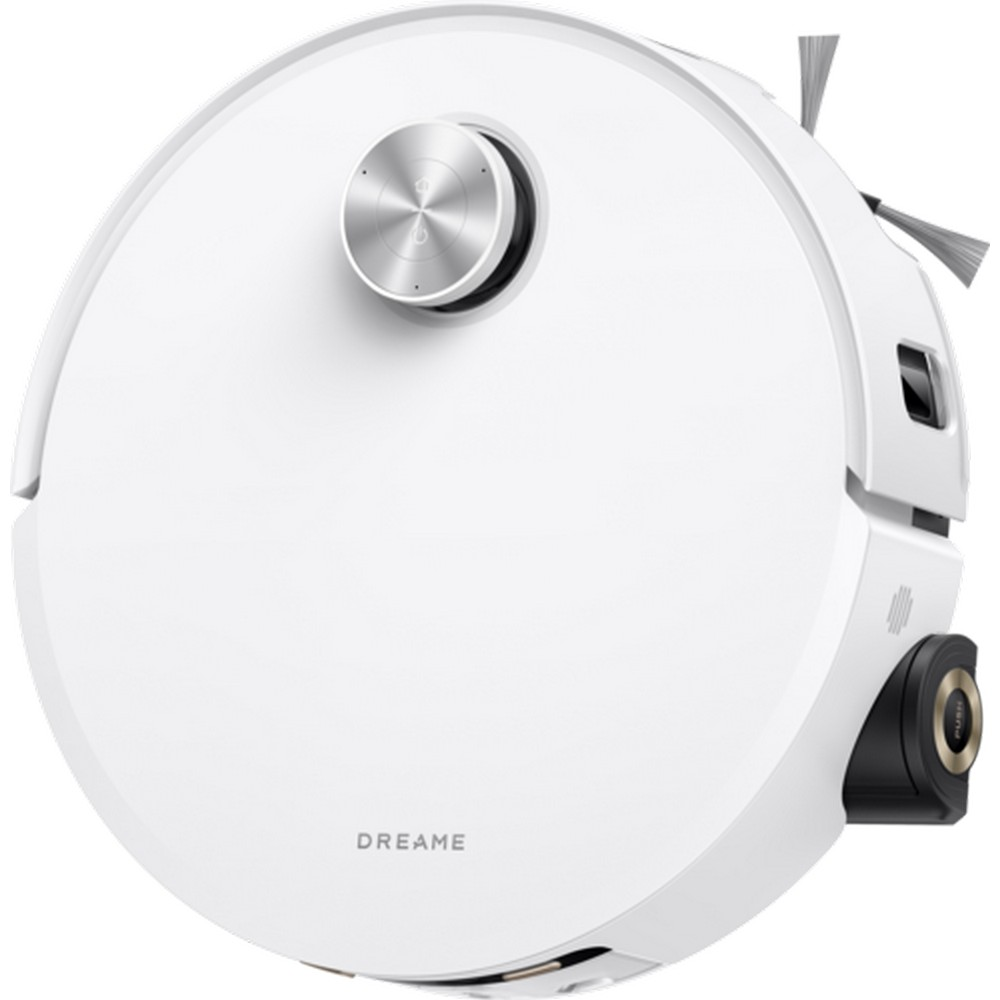 Biały robot sprzątający Dreame. Ma okrągły kształt ze srebrnym guzikiem na górze oraz czarnymi i złotymi detalami.