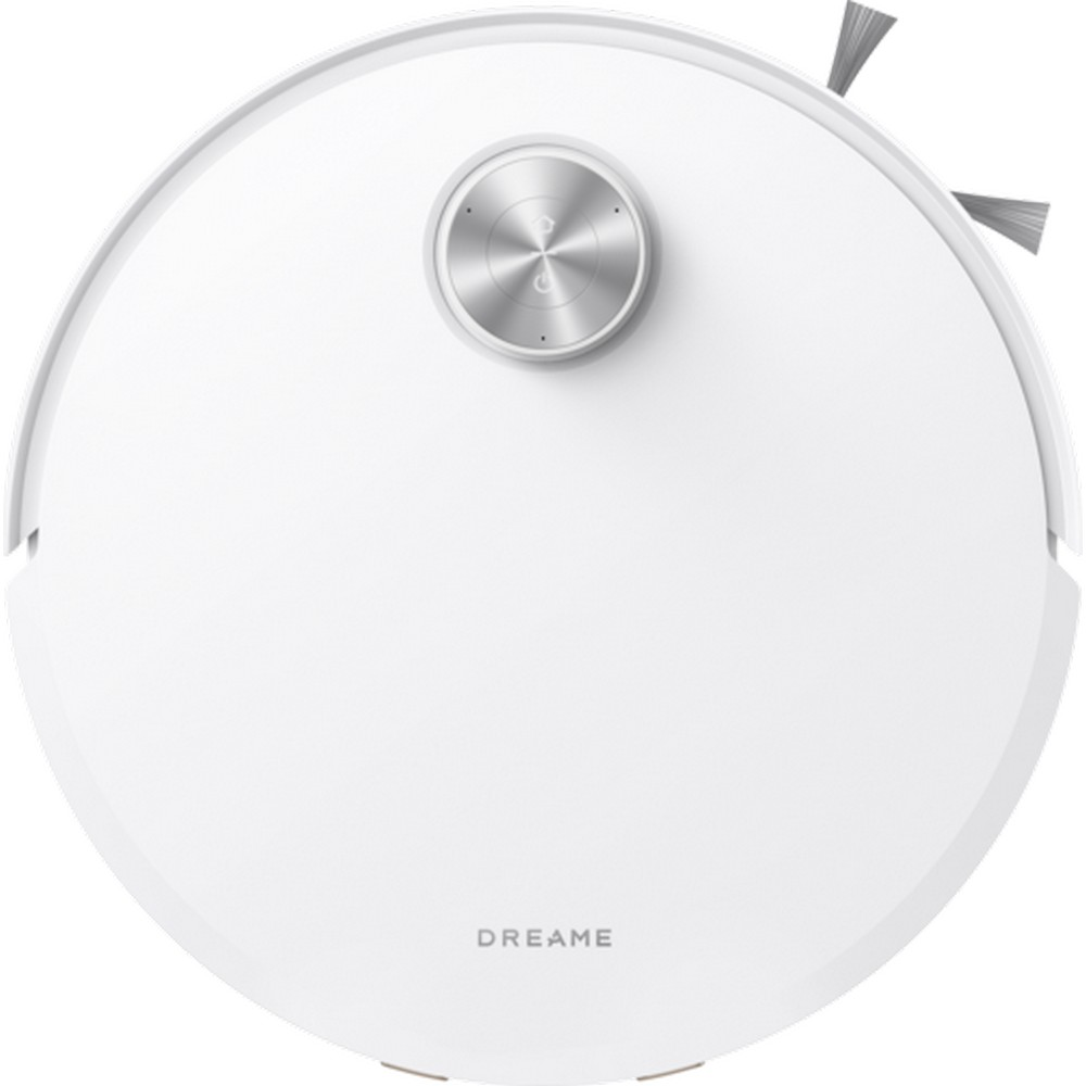 Biały, okrągły odkurzacz automatyczny marki Dreame, posiada srebrny przycisk i dwie szczotki. Nazwa marki znajduje się na dole.