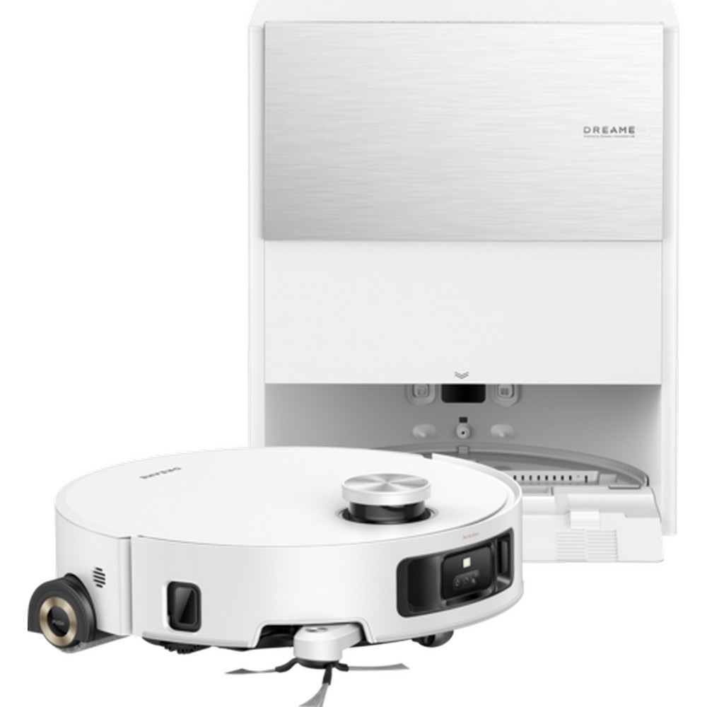 Biały robot odkurzający obok stacji ładującej. Stacja jest biała z metalowym blatem. Odkurzacz ma czarny czujnik.