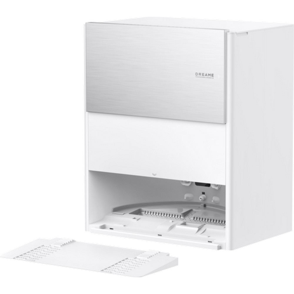 Biała i srebrna baza robota odkurzacza. Ma otwarty przód z tacą i oddzielną białą rampą.