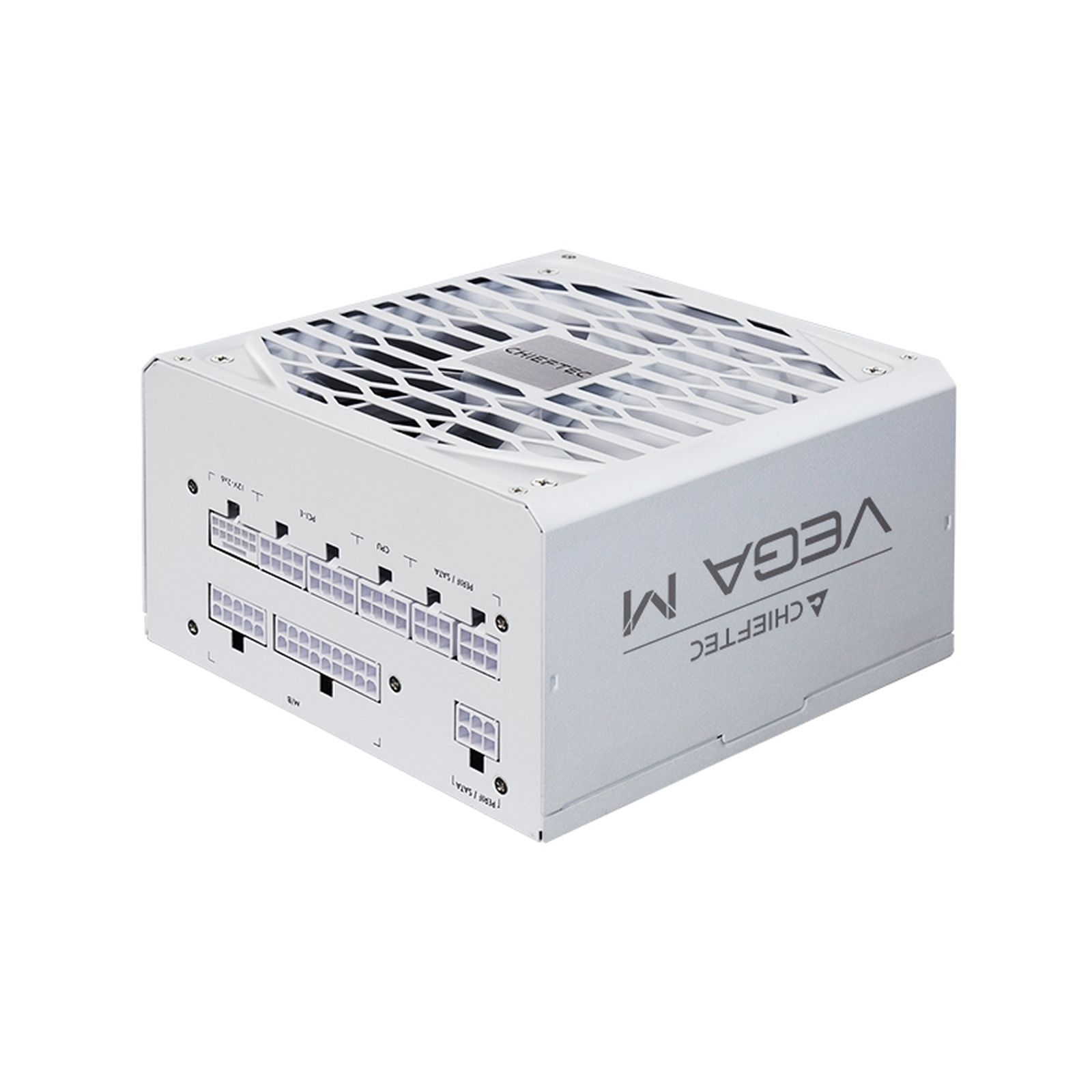 White Chieftec Vega M power supply unit, with multiple connectors and a honeycomb grill on top. The box is square.