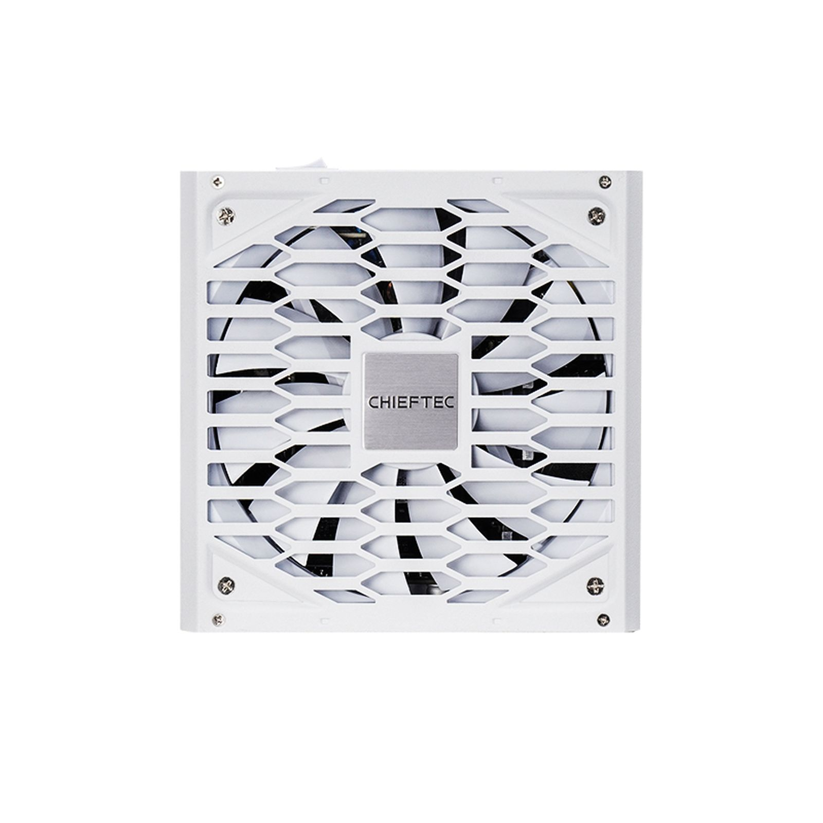 A white Chieftec computer power supply. It has a fan behind a white honeycomb grill with the Chieftec logo in the center.