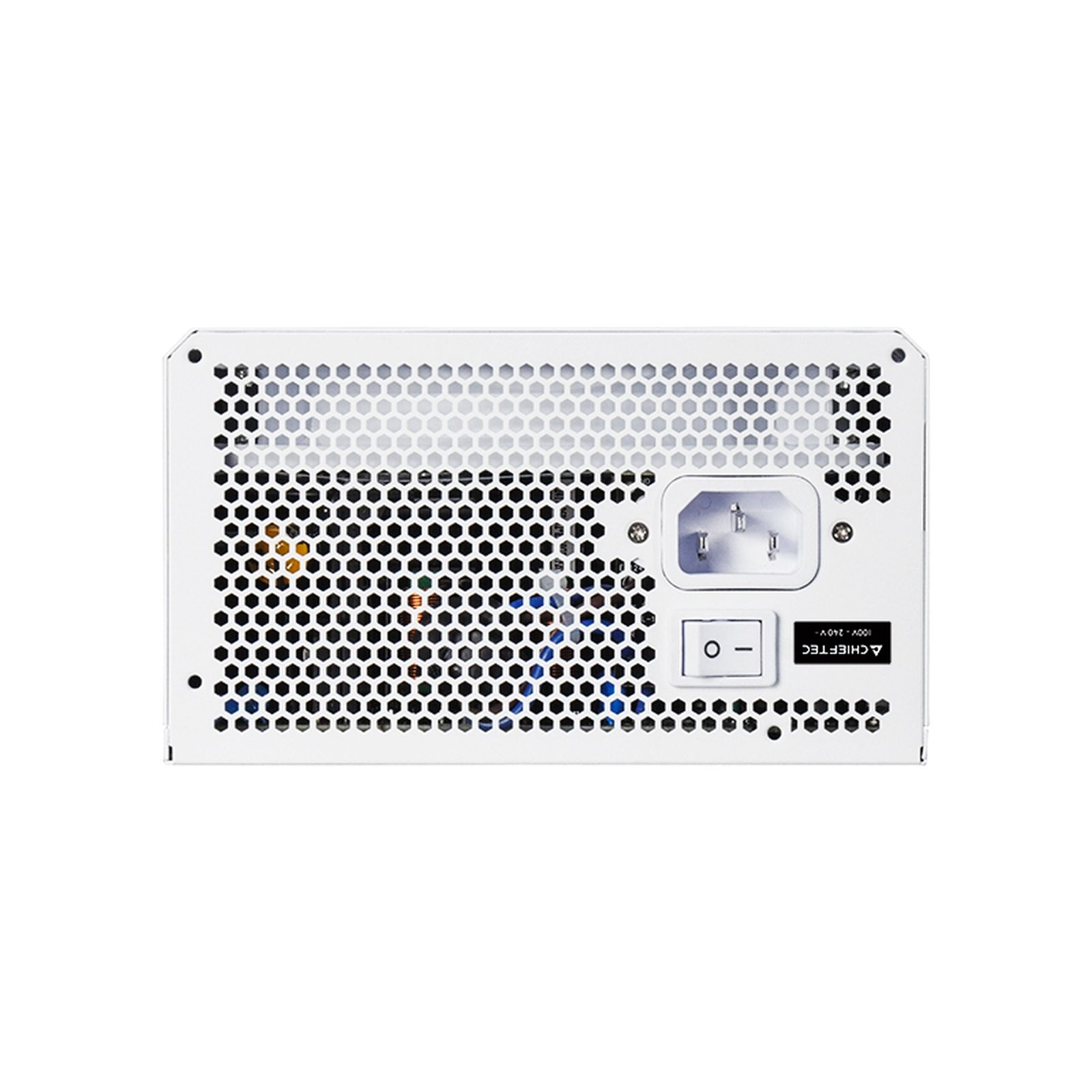 White computer power supply rear with a honeycomb grill, power connector, power switch, and Chieftec label.