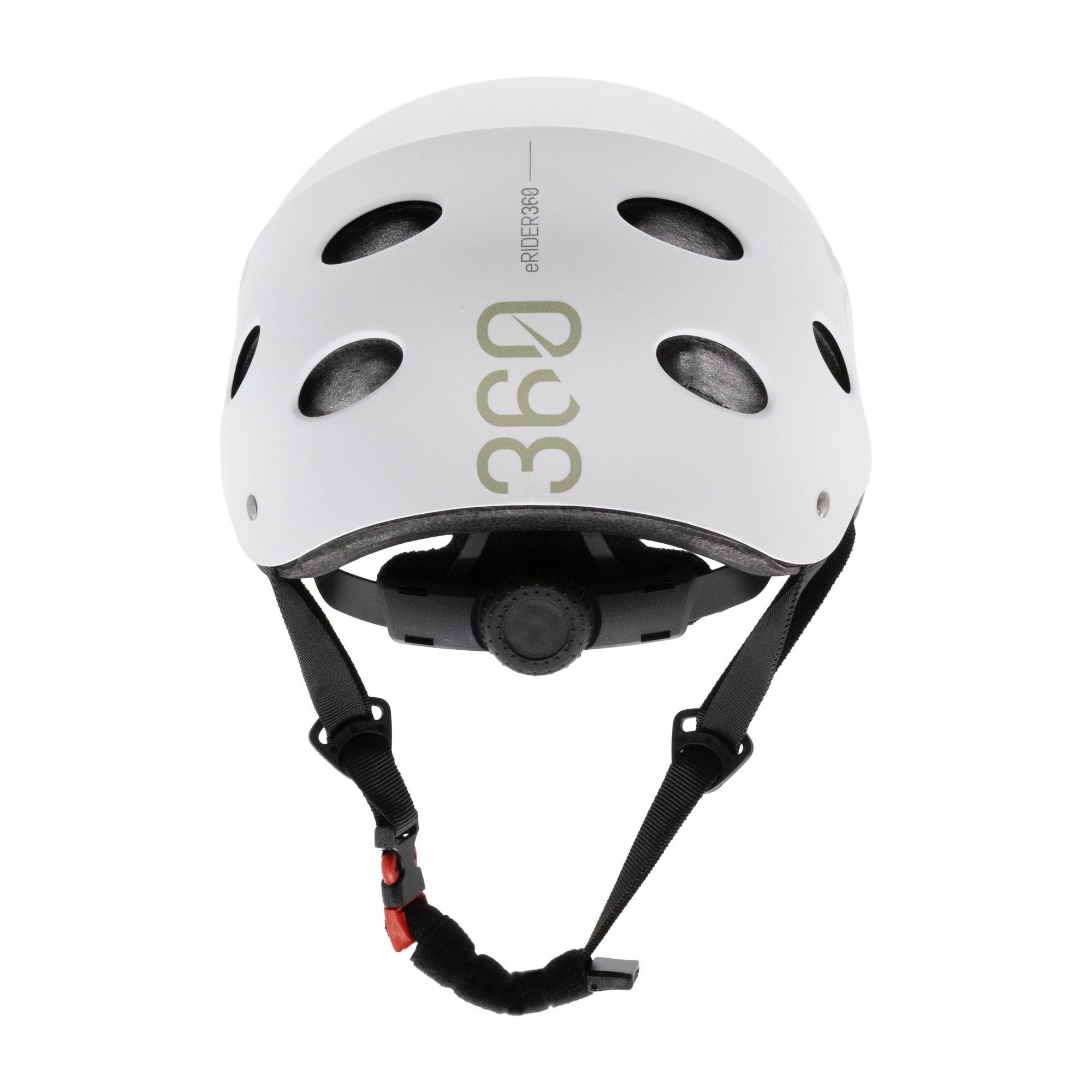 Un casco de bicicleta blanco con correas negras y una hebilla roja. Tiene el texto '360 eRIDER360'.