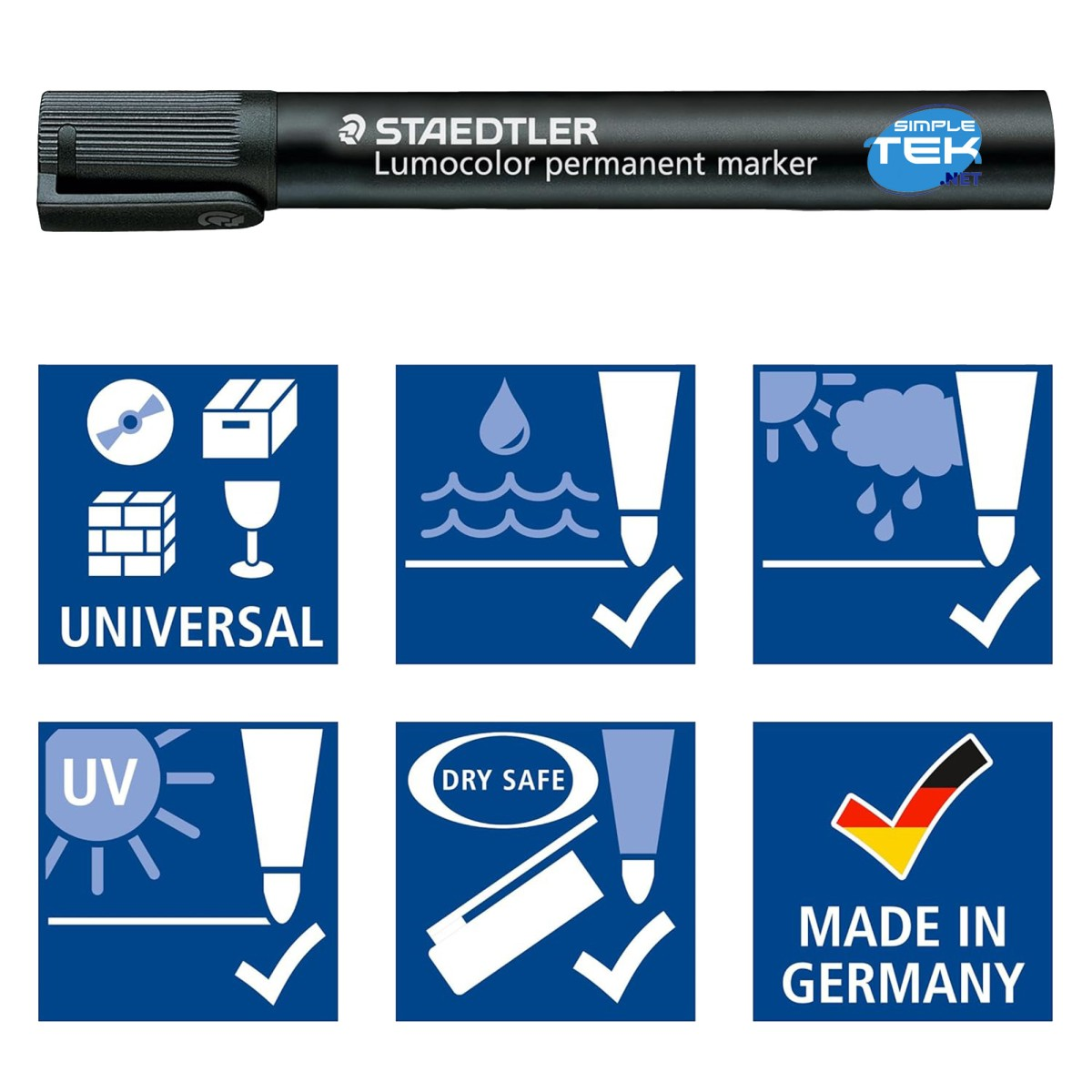 Schwarzer Staedtler Lumocolor Permanentmarker. Icons: universell, wasserfest, UV-beständig, trockensicher und Made in Germany.