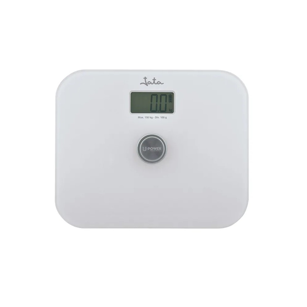 Biała cyfrowa waga łazienkowa z wyświetlaczem cyfrowym pokazującym 0,0 kg. Ma przycisk U-POWER i logo Jata.