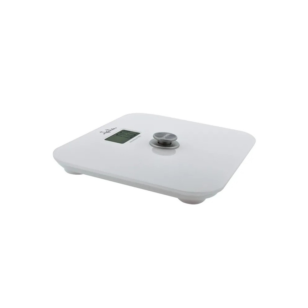 Biała cyfrowa waga łazienkowa z małym wyświetlaczem i okrągłym, srebrnym przyciskiem. Waga jest na białym tle.