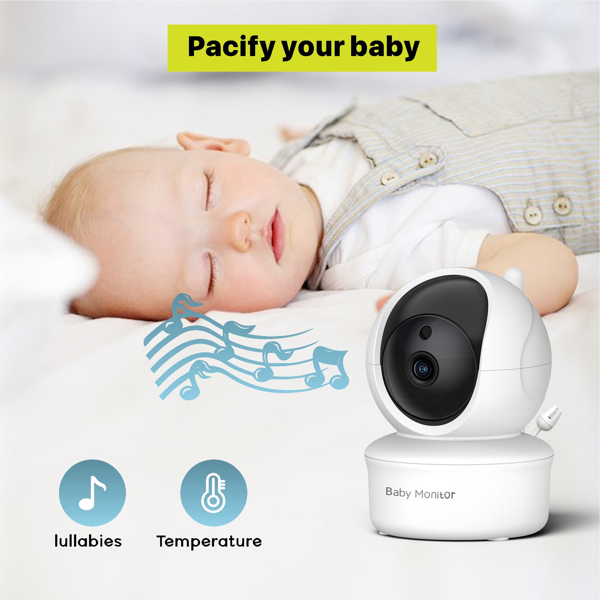 Ein Baby schläft auf einem Bett mit einem Babyphone. Text: Beruhigen Sie Ihr Baby. Symbole für Schlaflieder und Temperatur.