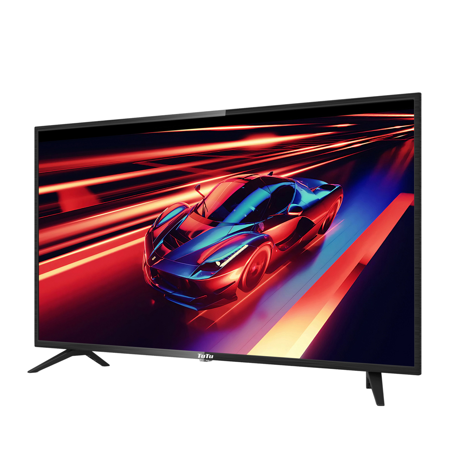 Ein Fernseher zeigt eine Autografik mit roten und blauen Streifen. Der Fernseher hat schwarze Beine und einen Rahmen.