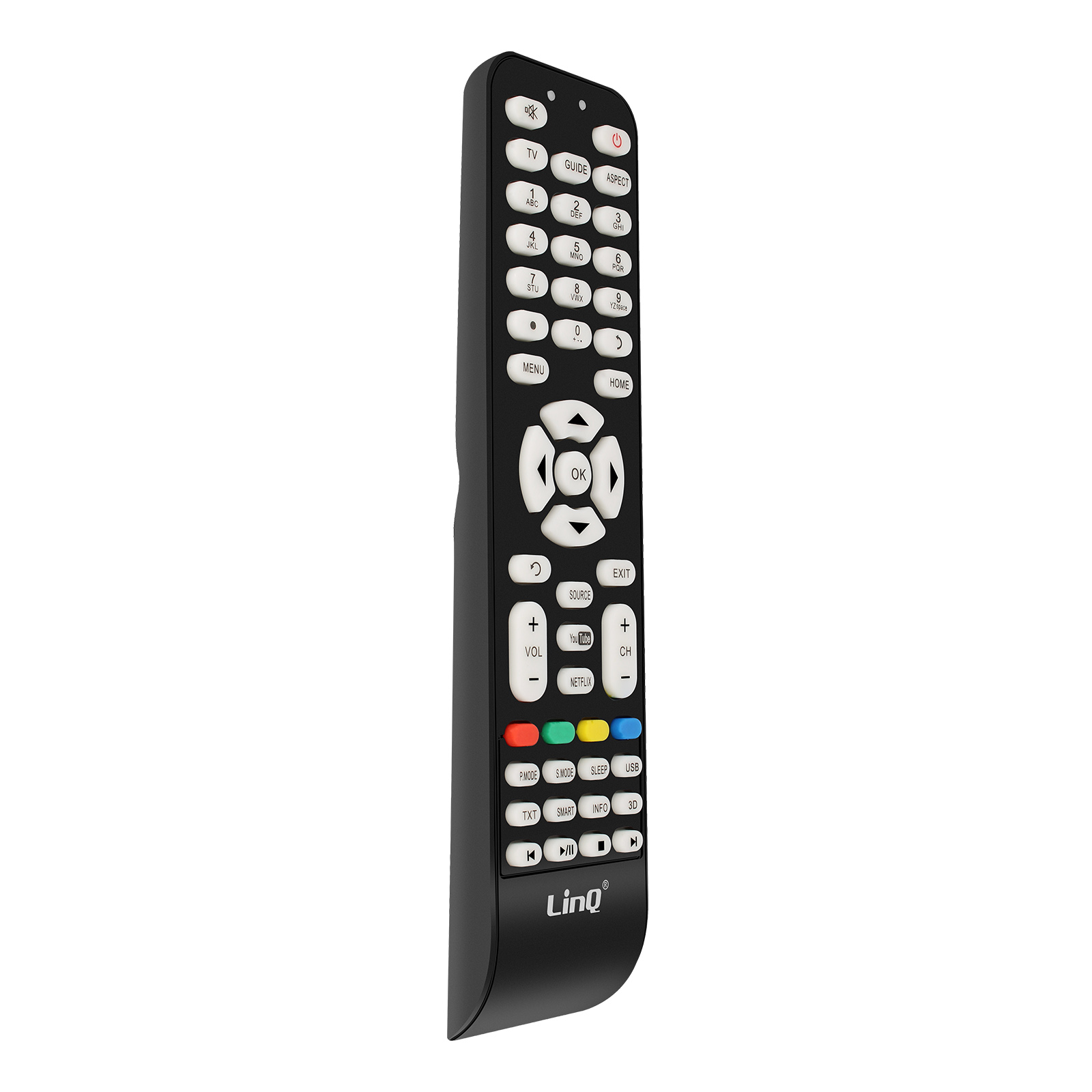 Un mando a distancia negro LinQ con botones blancos. Tiene números, volumen, canal y otros botones de función.