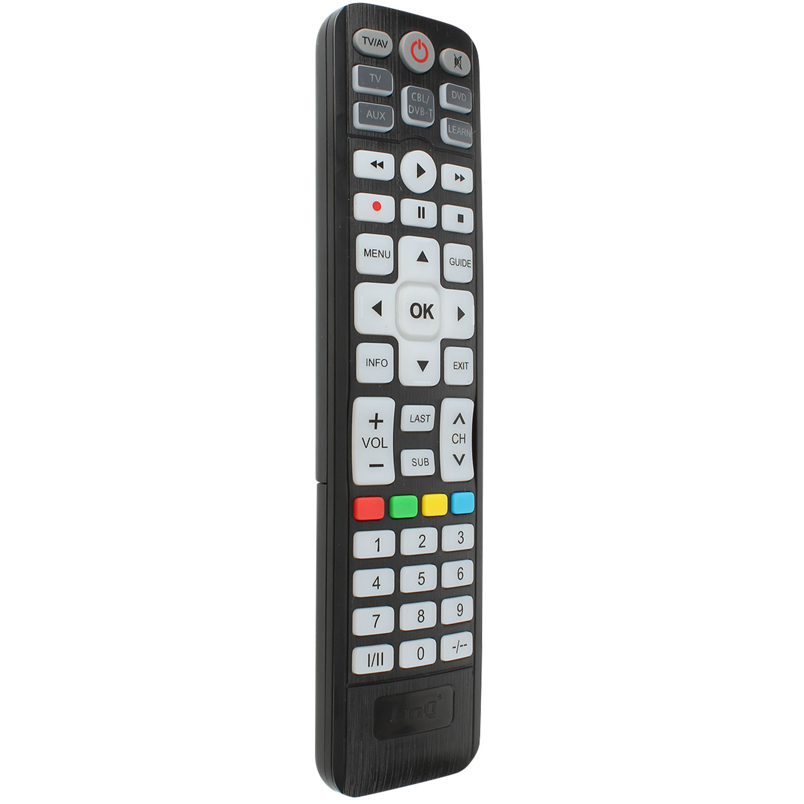 Un mando a distancia negro con varios botones, incluyendo números, volumen y controles de canal, sobre un fondo blanco.