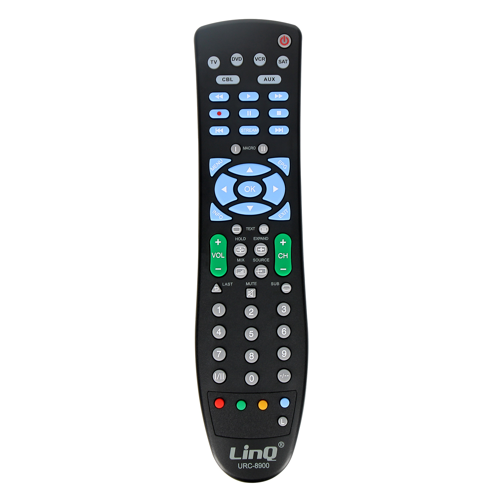Un mando a distancia negro con muchos botones, incluyendo volumen, canal y números. La marca es LinQ.