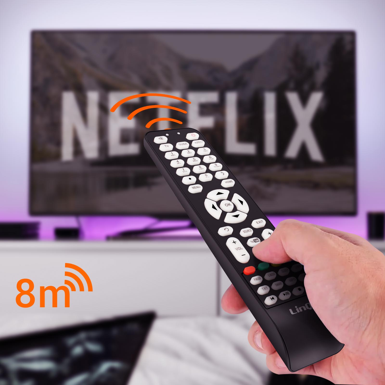Una mano sostiene un mando a distancia negro apuntando a un televisor con 'NETFLIX'. Ondas de señal naranja emanan.