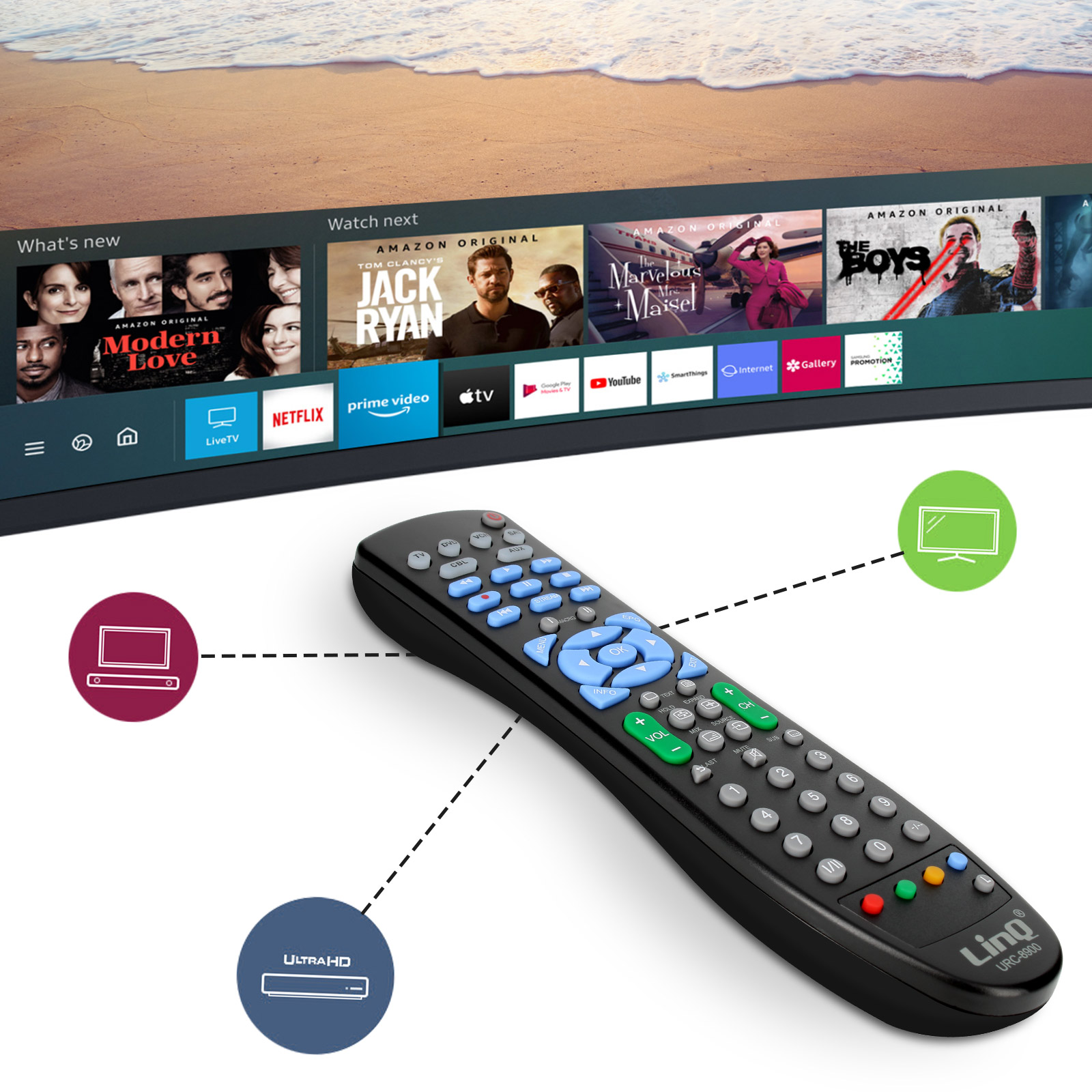 Una pantalla de TV muestra aplicaciones y programas. Un mando a distancia negro está enfocado, conectado a símbolos.