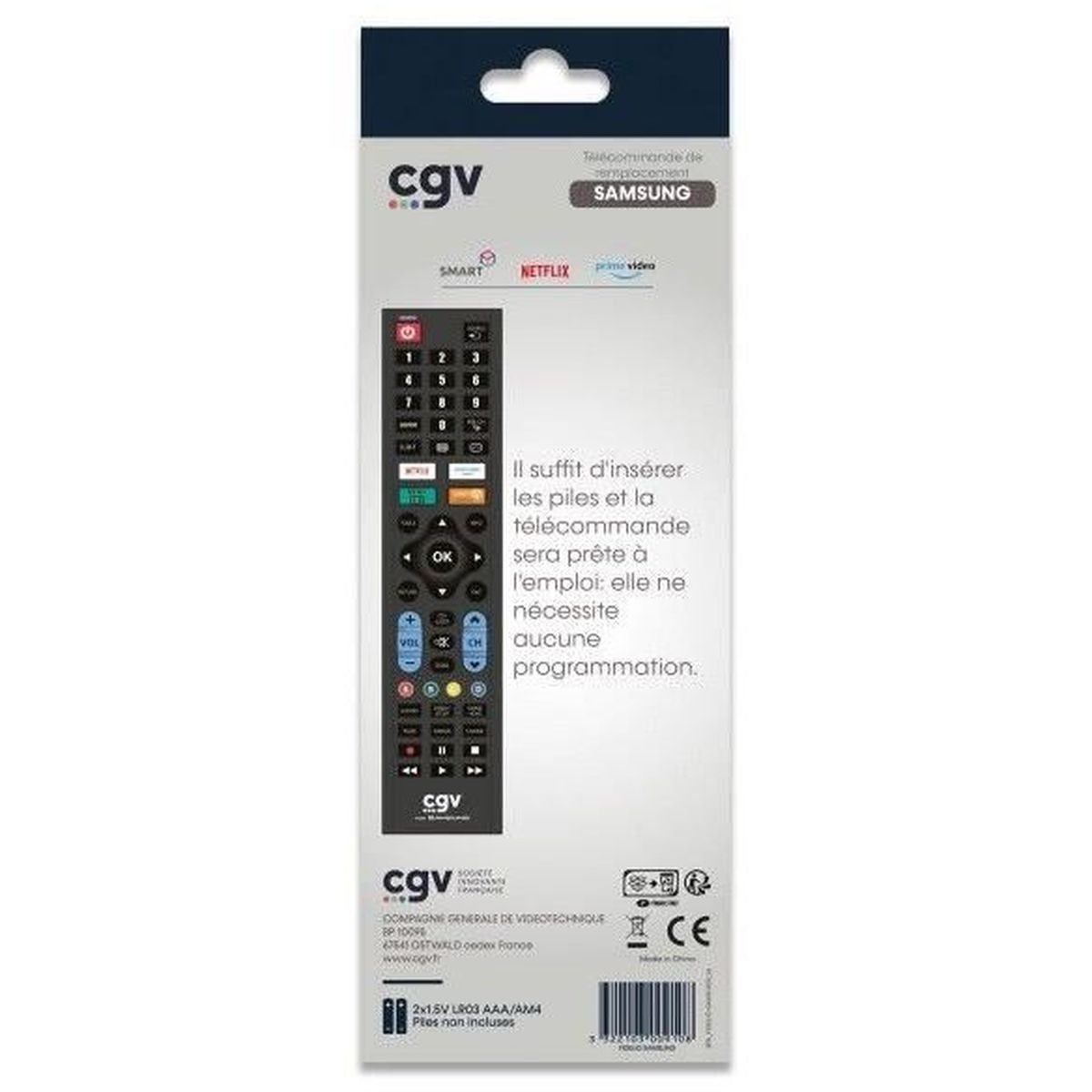 Eine CGV-Fernbedienung auf weißem Hintergrund. Für Samsung-Fernseher. Hat verschiedene Knöpfe und einen französischen Text.