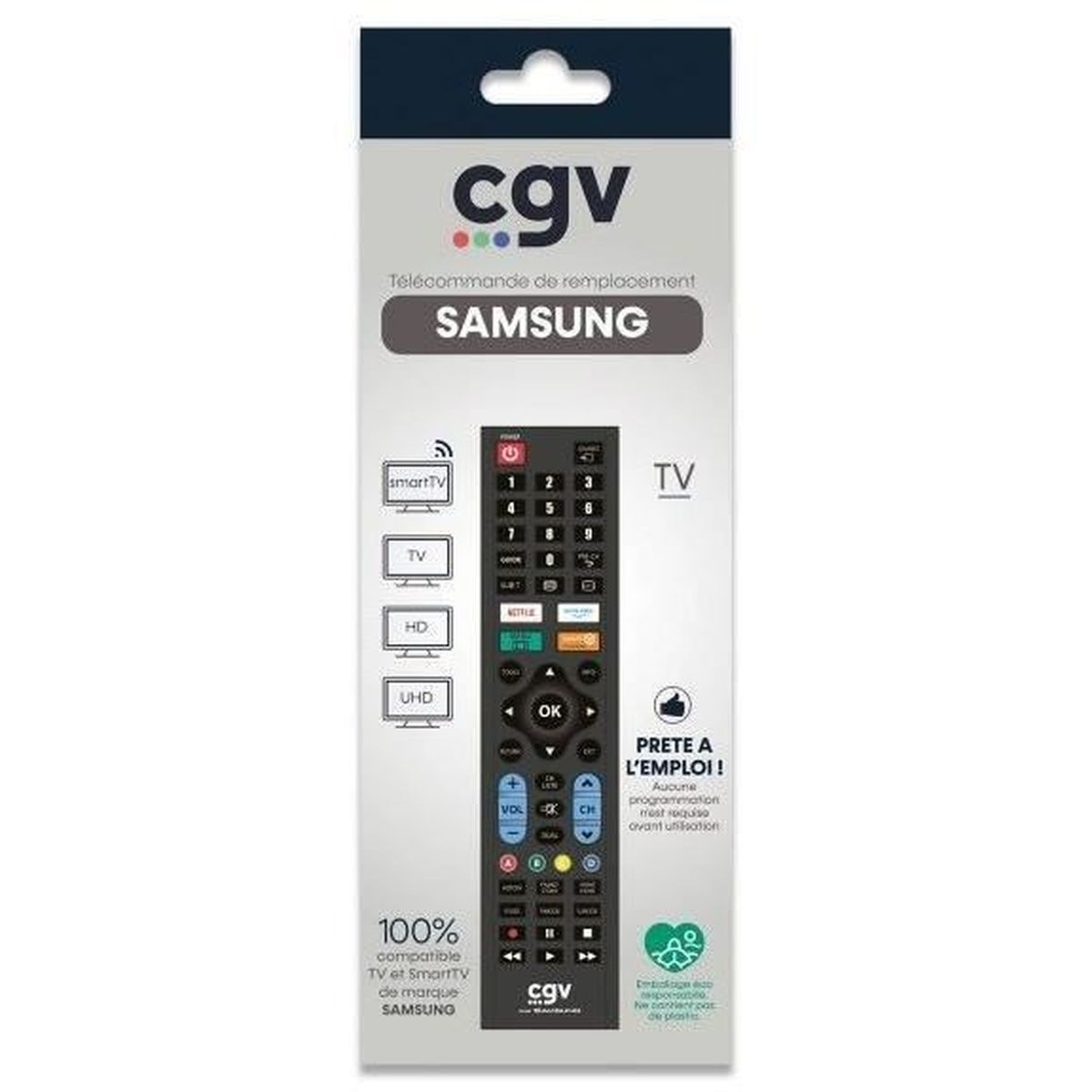 Eine Fernbedienung vor weißem Hintergrund. Sie ist für Samsung-Fernseher und hat Tasten für verschiedene Funktionen.
