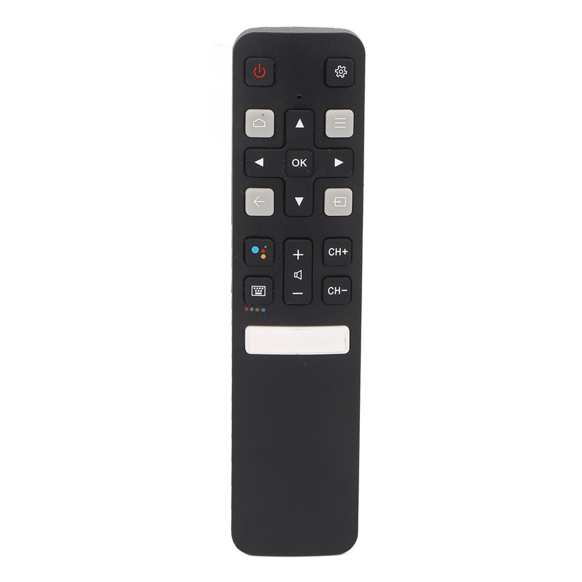 Eine schwarze Fernbedienung mit verschiedenen Tasten, darunter Ein/Aus, Lautstärke, Kanal und Richtungstasten, vor weißem Hintergrund.