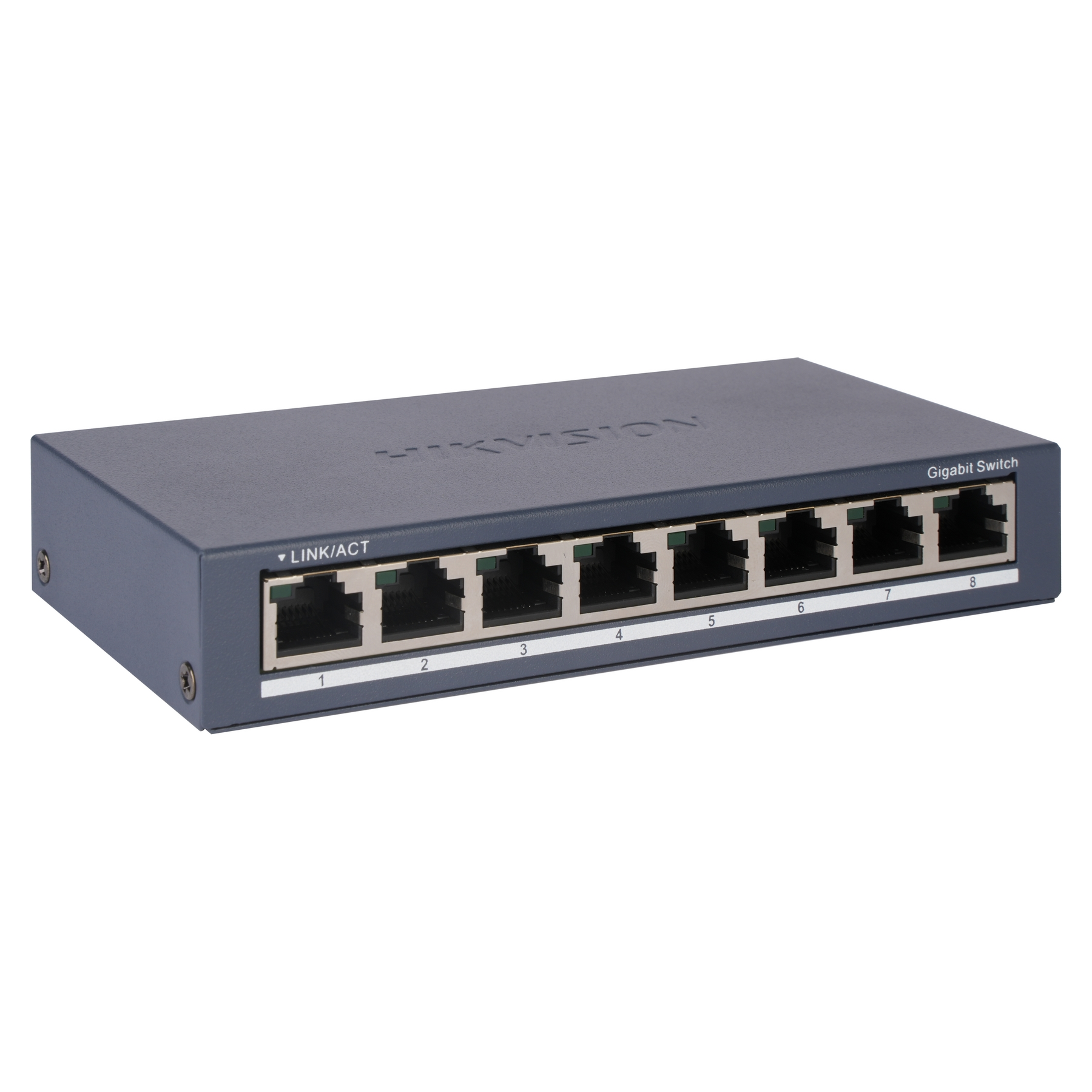Uno switch Gigabit grigio con 8 porte. Le etichette mostrano i numeri. Il marchio è HIKVISION.