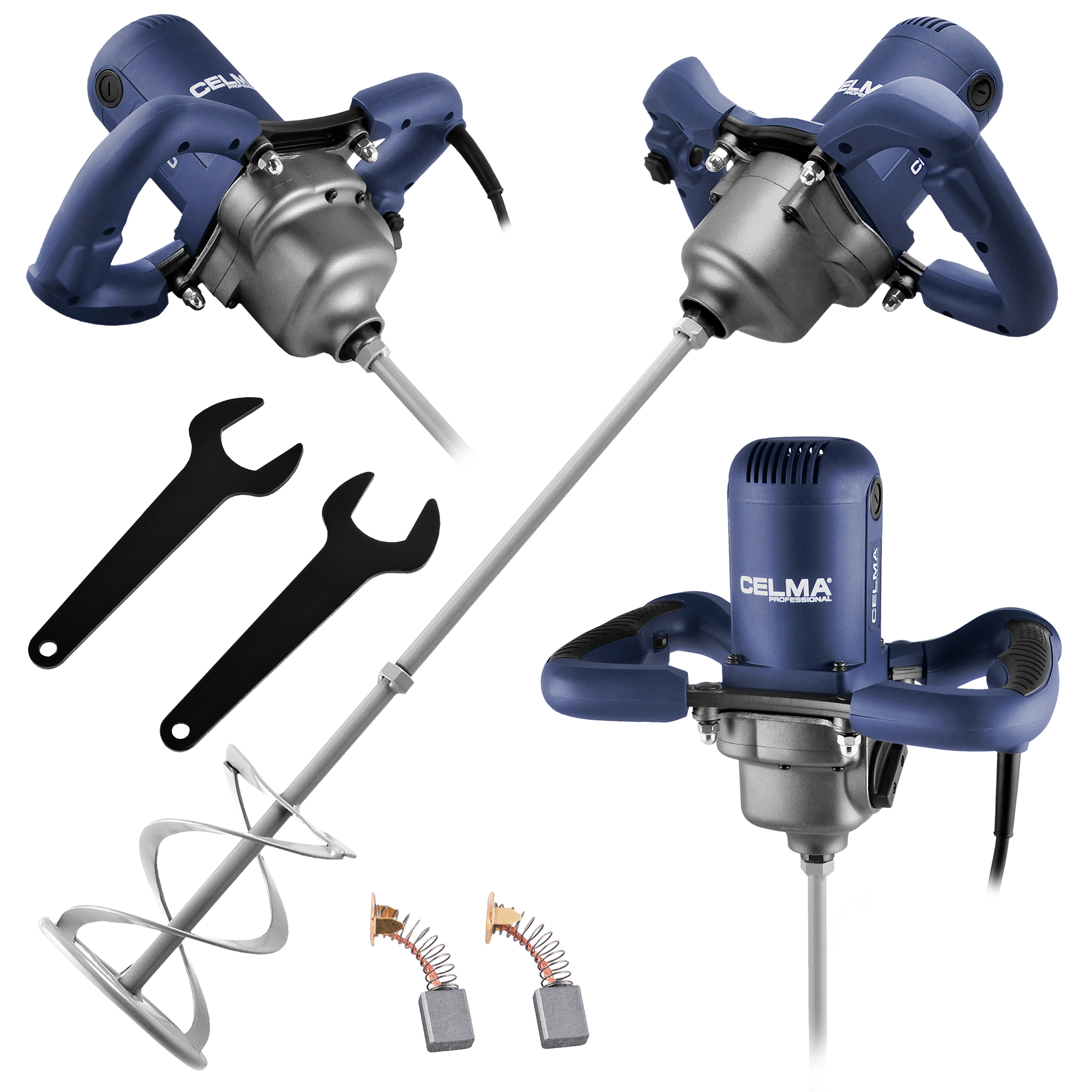 Obraz przedstawia narzędzia budowlane: niebieskie i srebrne mieszarki, klucze i szczotki węglowe na białym tle.