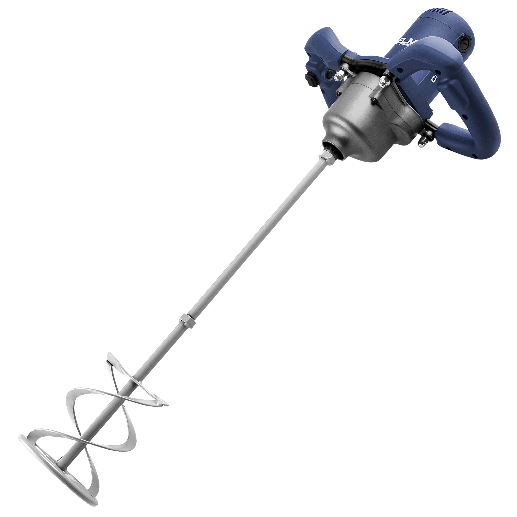 Niebiesko-srebrne narzędzie do mieszania, lekko pochylone. Ma ostrze mieszające i dwa uchwyty.