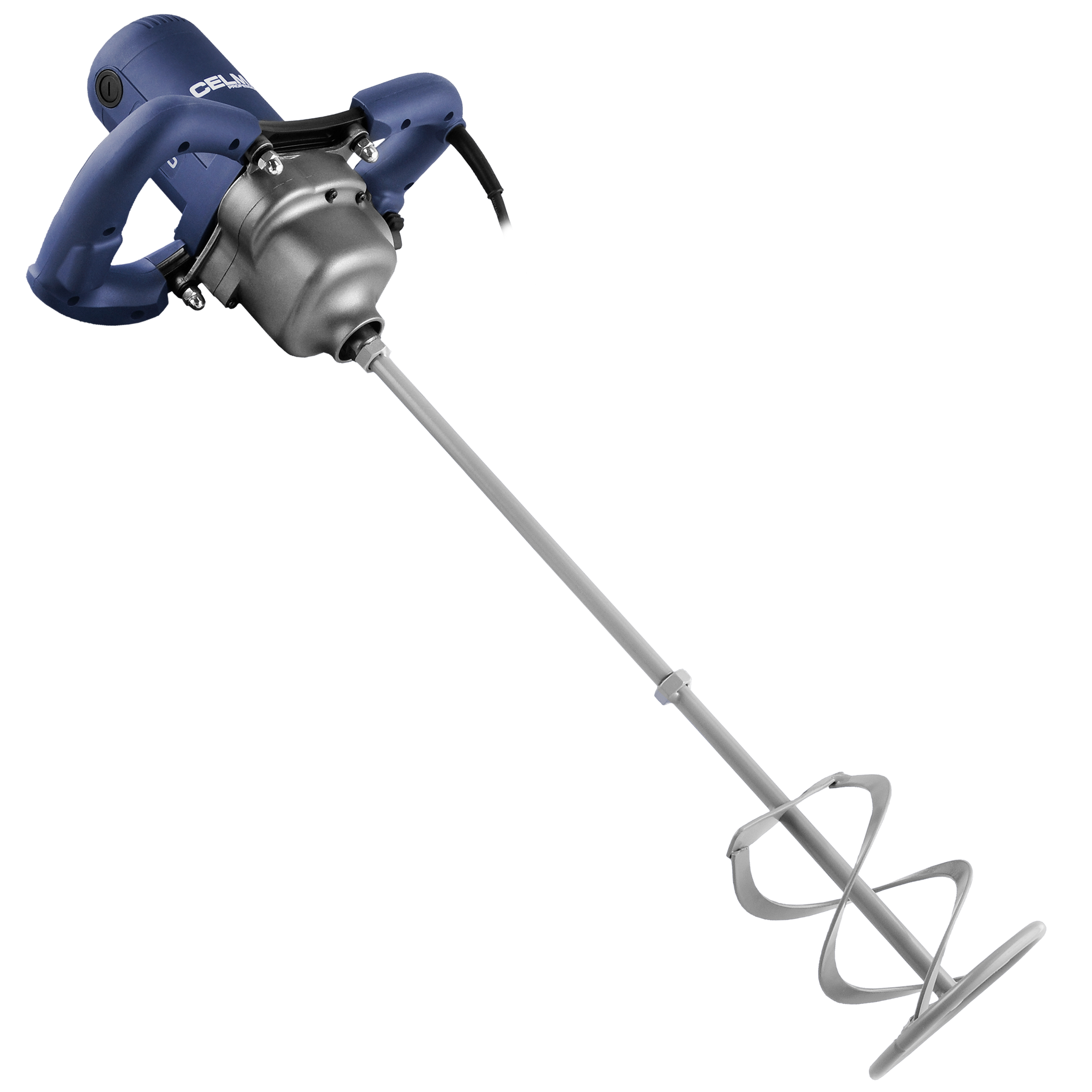 Mieszalnik elektryczny z niebieskimi uchwytami i srebrną głowicą i prętem mieszającym. Mieszalnik na białym tle.