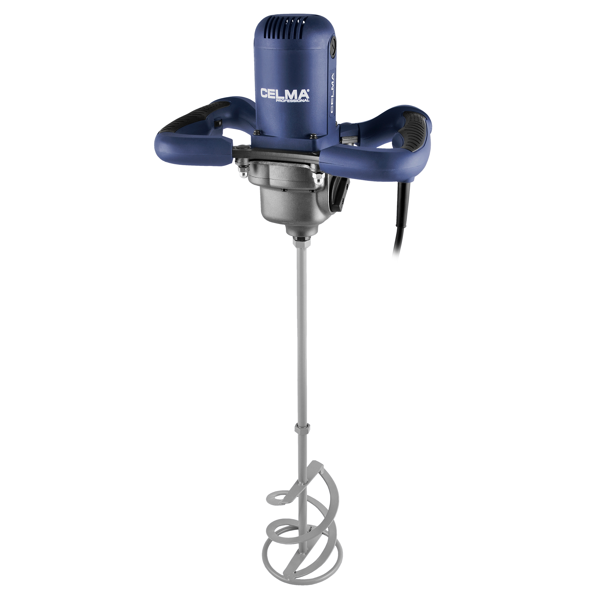 Narzędzie do mieszania CELMA w kolorze niebiesko-szarym. Posiada dwa uchwyty, silnik i ostrze mieszające.
