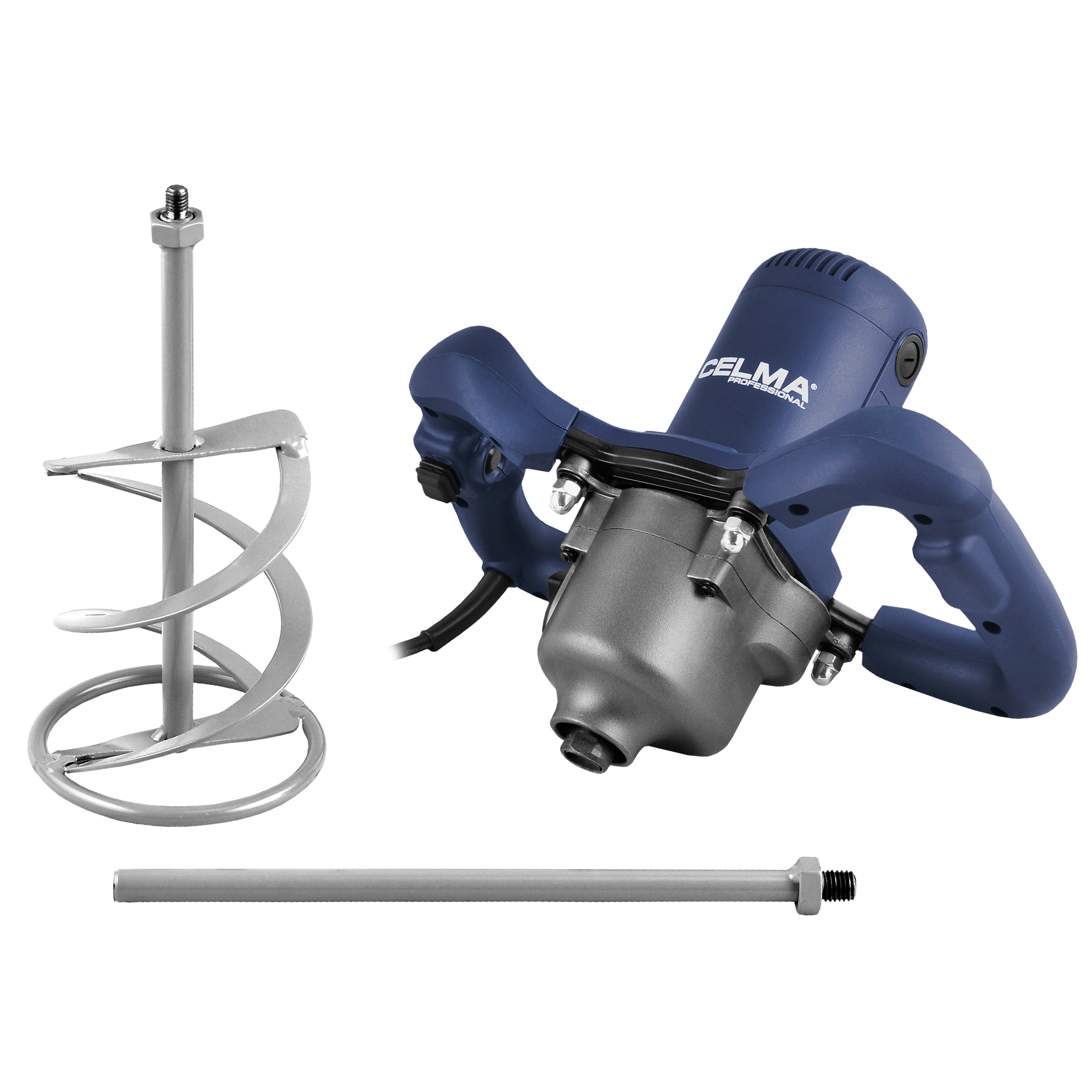 Niebiesko-szara mieszarka elektryczna. Zawiera nasadkę mieszającą i oddzielny pręt.