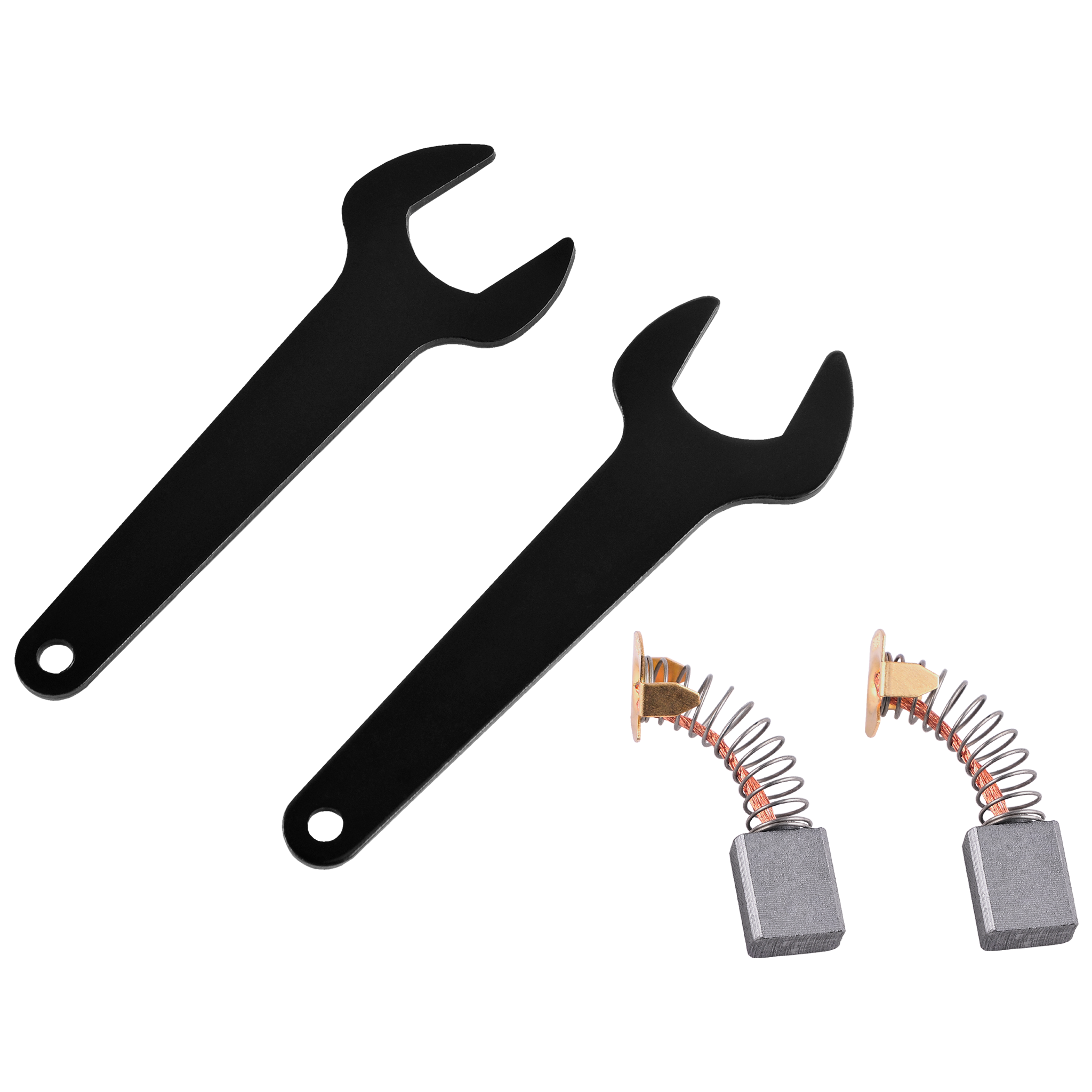 Dwa czarne klucze i dwie szczotki węglowe ze sprężynami ułożone na białym tle.