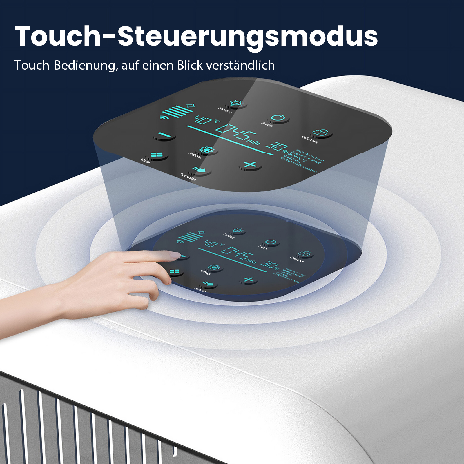 Eine Hand berührt ein Bedienfeld. Es hat eine Digitalanzeige mit Einstellungen und Symbolen für Beleuchtung, Einstellungen und andere Funktionen.