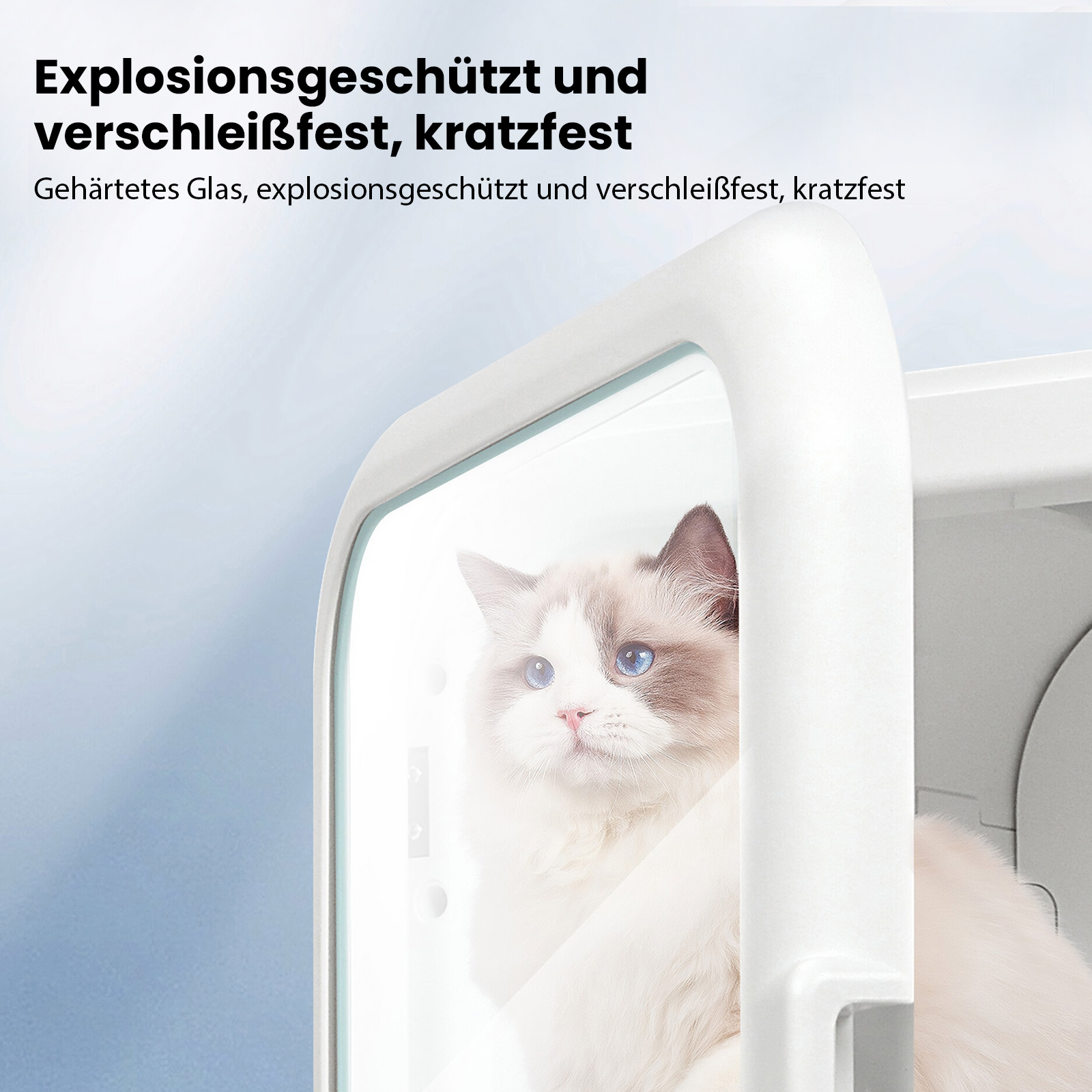 Eine Ragdoll-Katze mit blauen Augen sitzt in einem weißen, gläsernen Träger. Der Text oben lautet: Explosionsgeschützt und verschleißfest.
